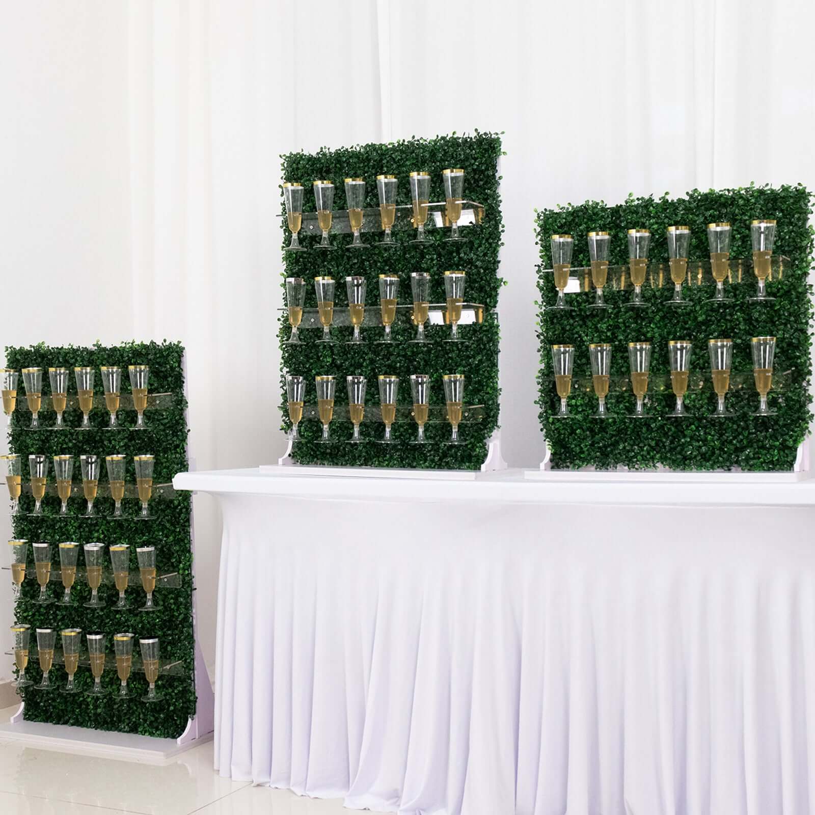 Exclusive Set of 3 Green Champagne Wall Glass Holders - Tiered Faux Boxwood Stemware Racks for Classy Events