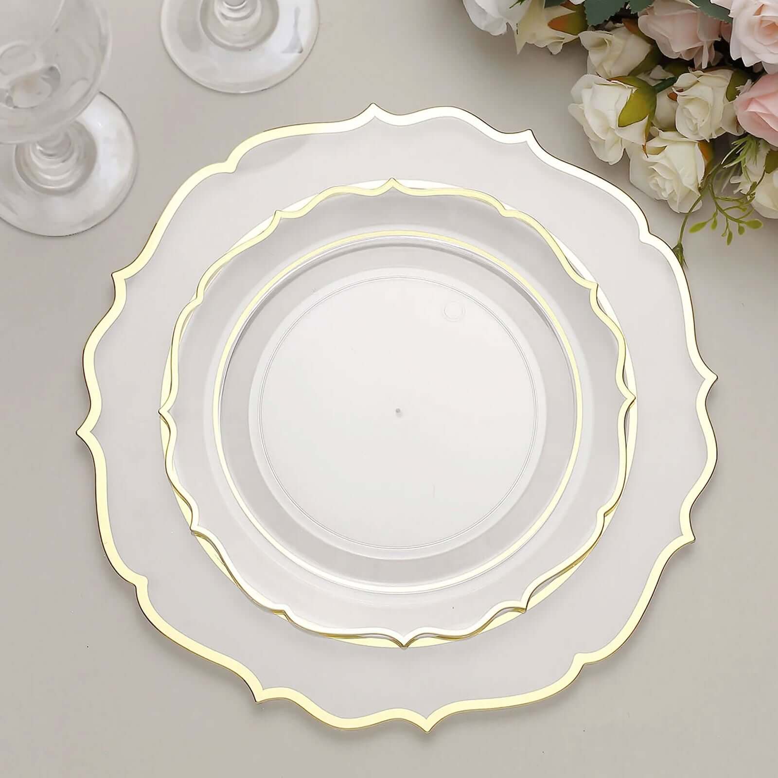10-Piece Set of Clear Plastic 8-Inch Round Desert Plates with Gold Scalloped Rims - Disposable Appetizer/Salad Plates
