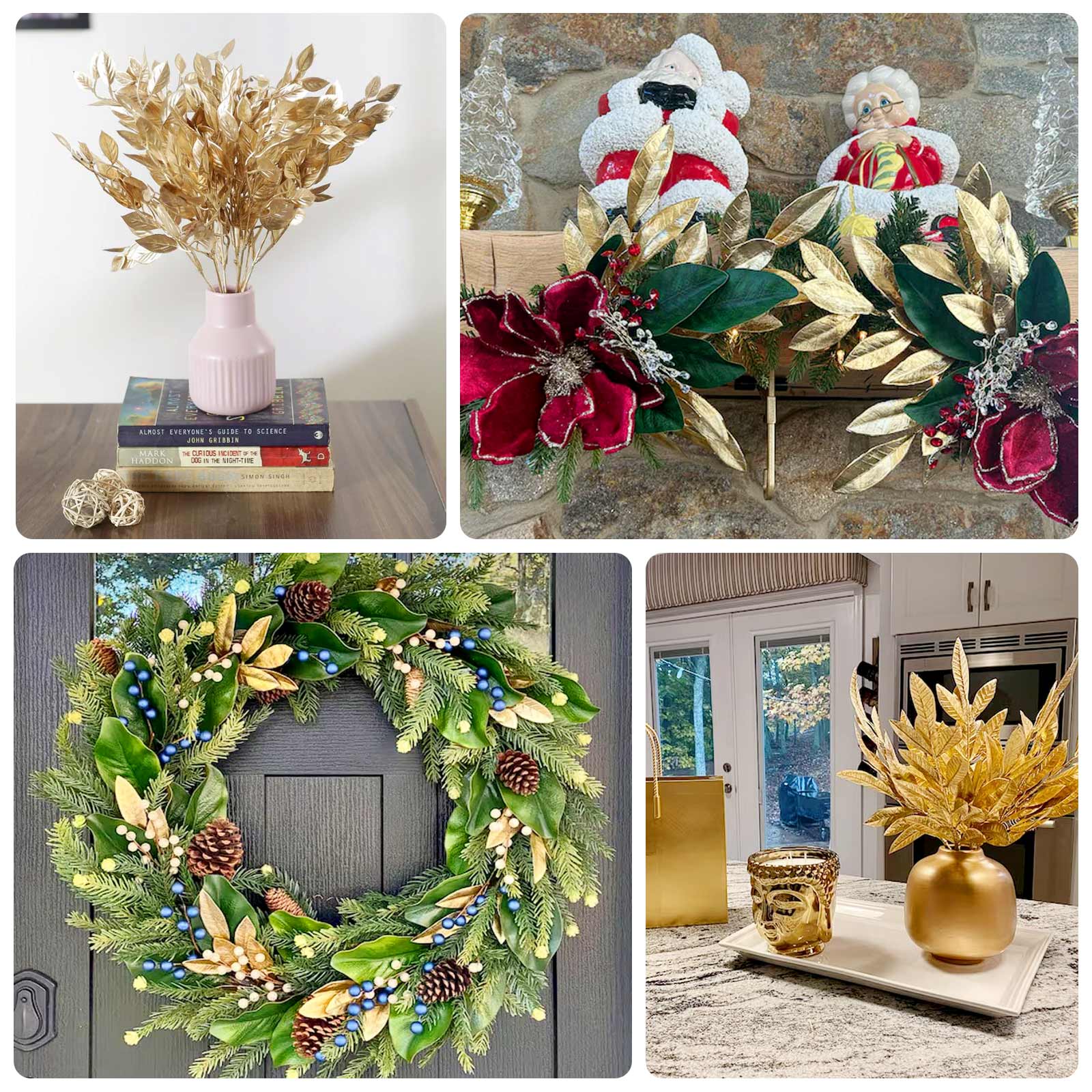 4-Piece Metallic Gold Artificial Italian Ruscus Leaf Branches for Stunning Tablescapes and Floral Decor