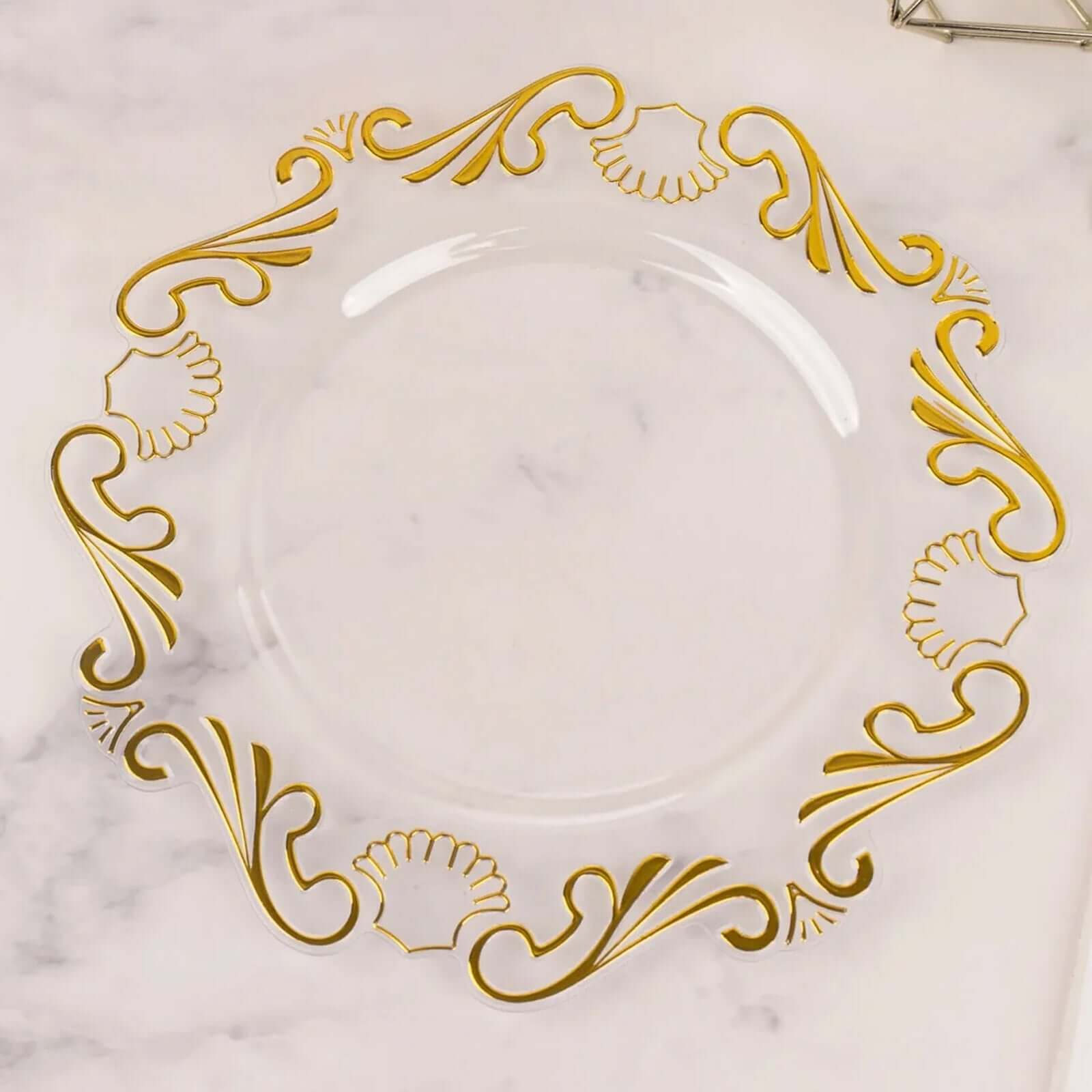 10-Pack Clear Plastic Round Dinner Plates with Gold Vintage Baroque Scalloped Rim - Ideal for Parties