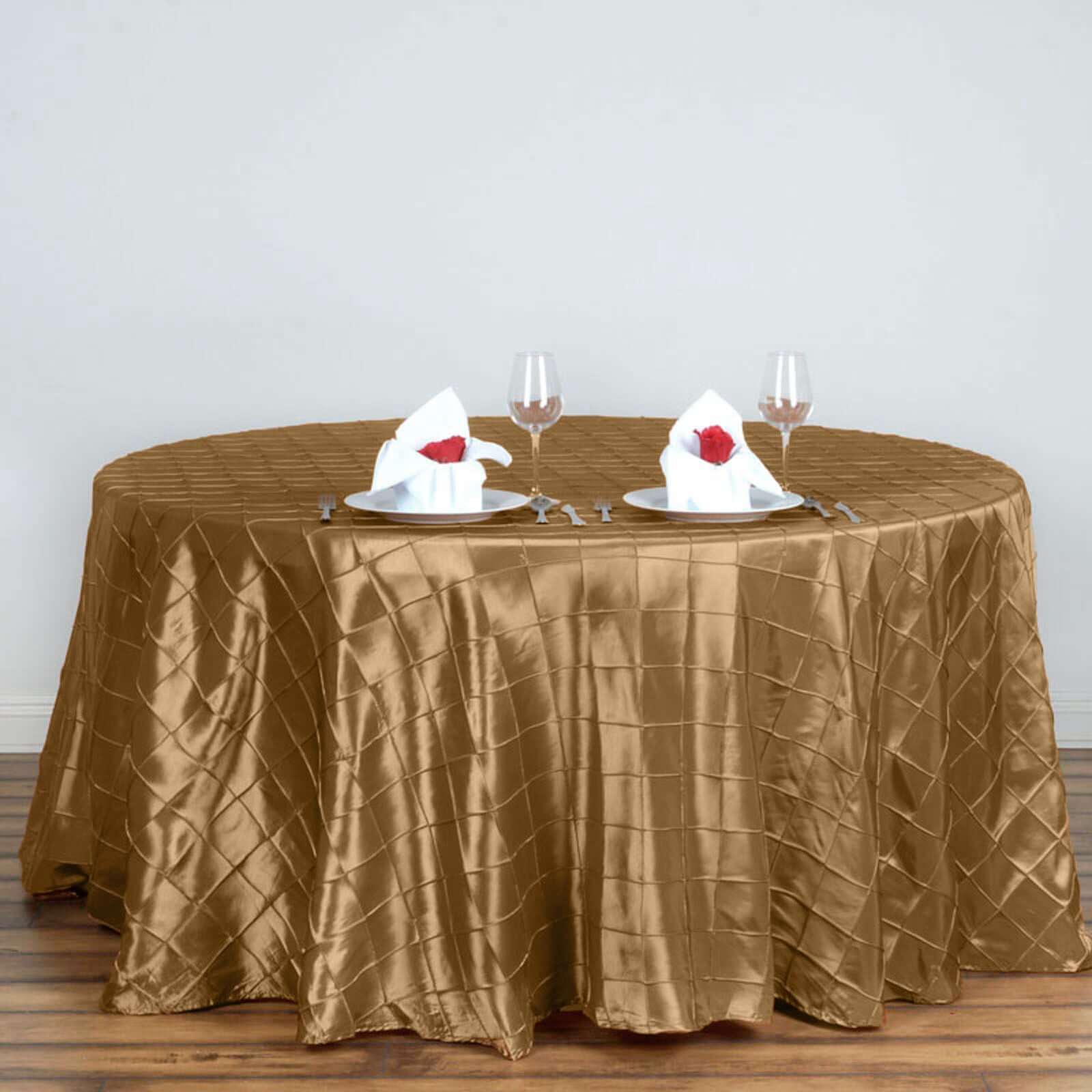 Gold Taffeta Pintuck 120-Inch Round Tablecloth for Elegant Upscale Events