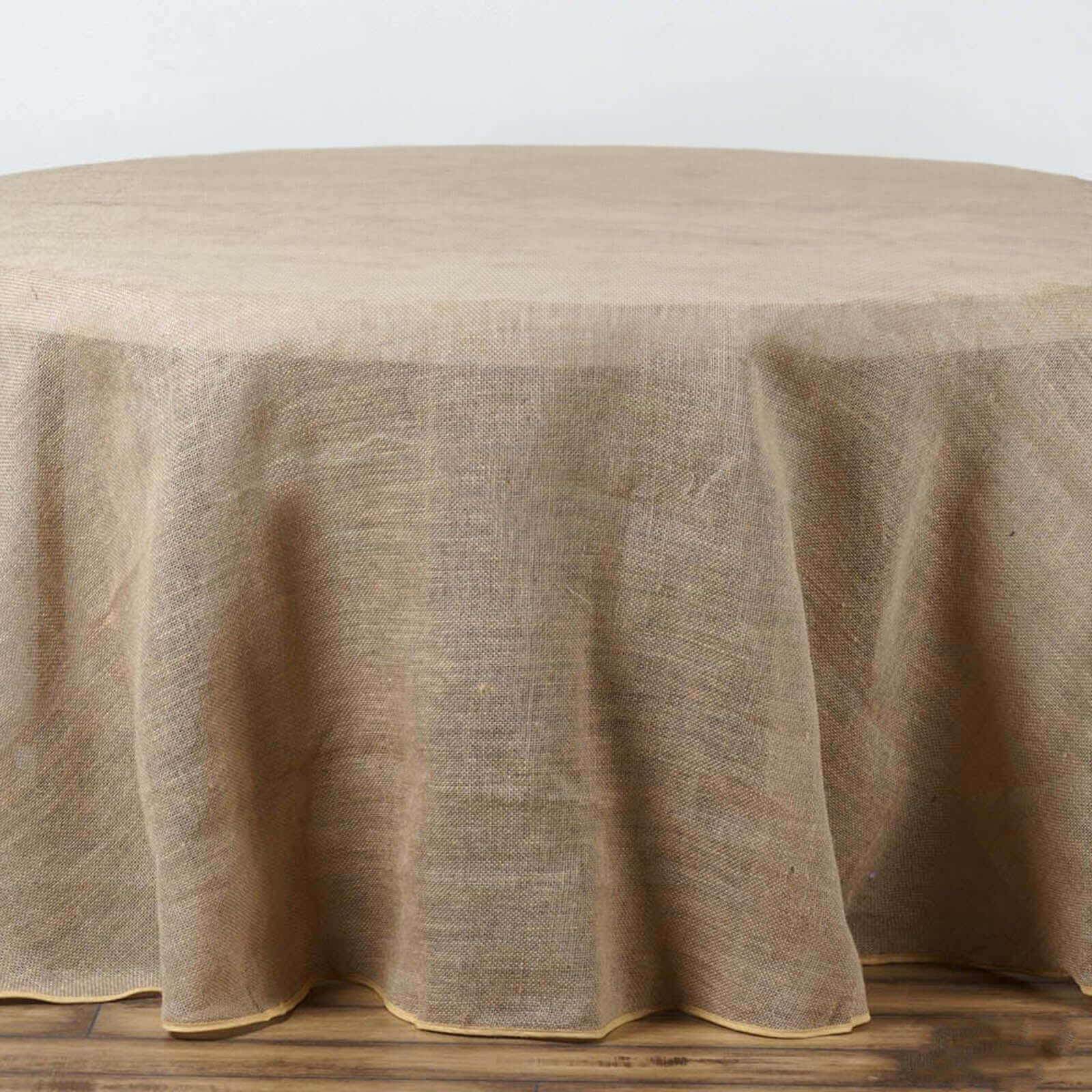 Get This Natural 108-inch Round Burlap Jute Tablecloth for Rustic Boho Chic Decor