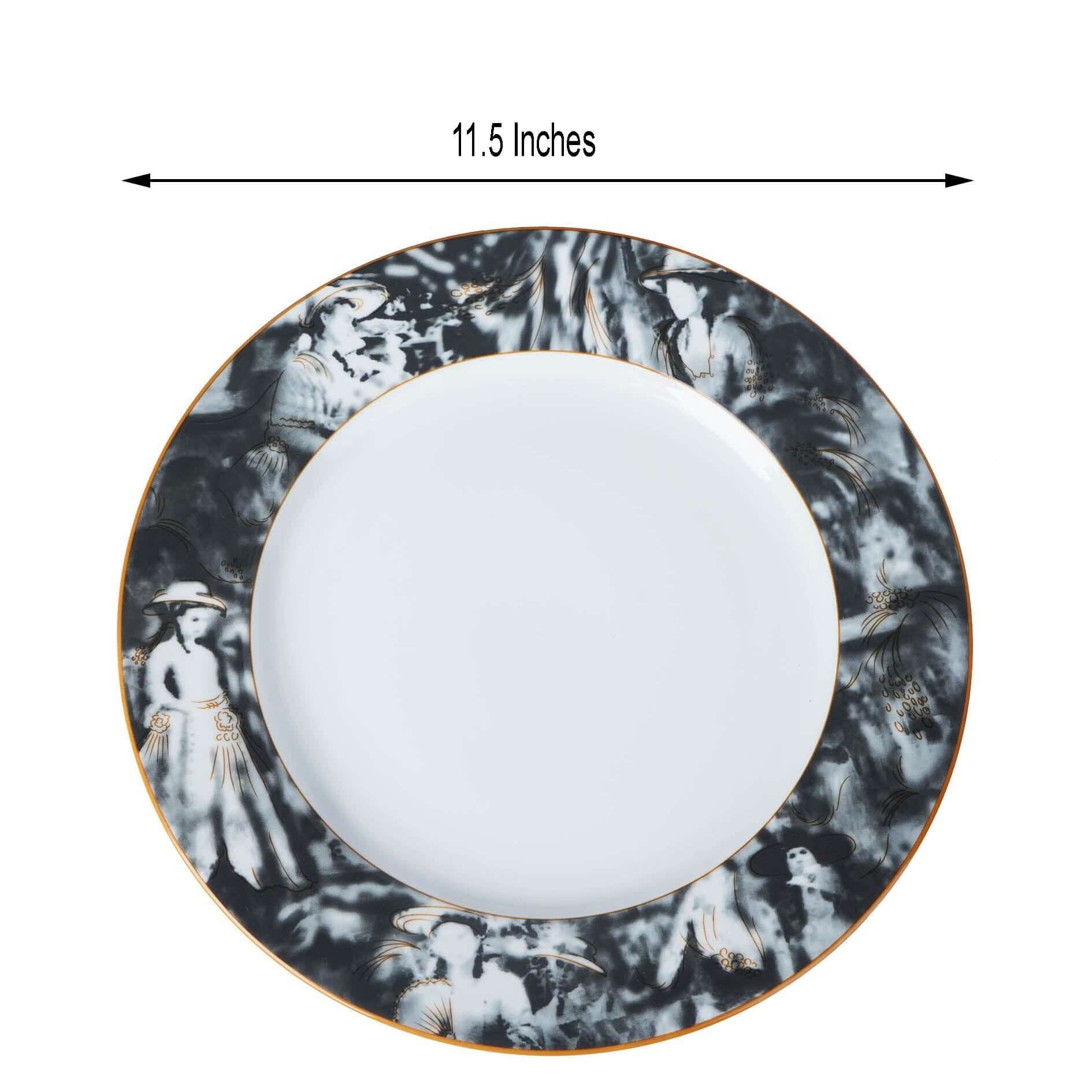 Hot Deal! 12-Pack 11.5-Inch Break-Resistant White/Black Porcelain Dinner Plates with Art Nouveau Rim, Microwave Safe