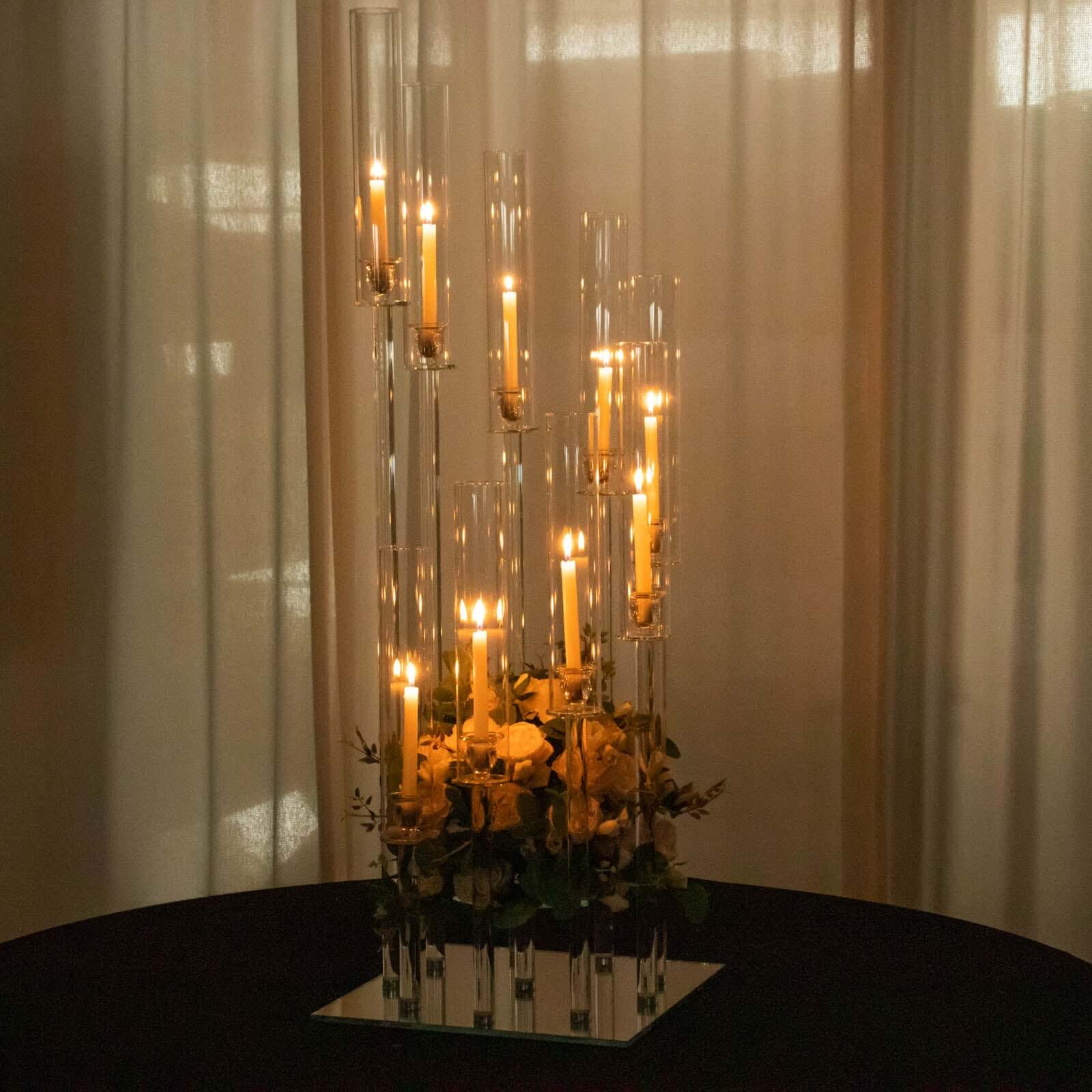 4ft Crystal Glass 9-Pillar Candelabra with Center Flower Stand - Ideal Table Centerpiece