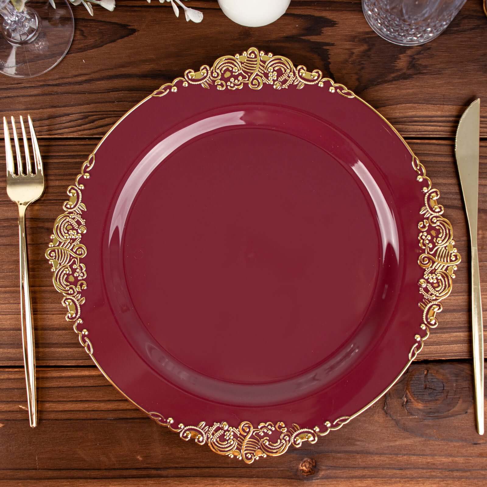 Hot Deal! 10-Pack Disposable Burgundy Plastic Round Dinner Plates with Gold Leaf Embossed Rim, Vintage Baroque Style