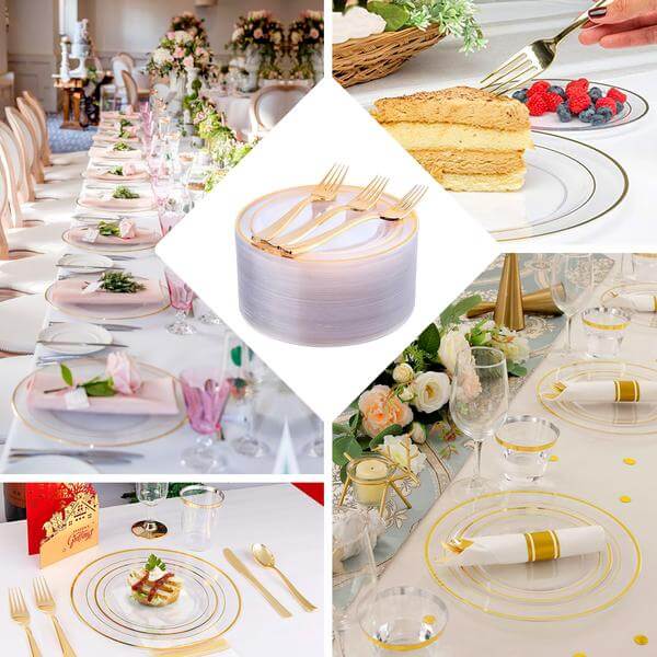 Hot Deal! 10-Pack of Clear Plastic Dinner Plates with Elegant Gold Rim - Ideal Disposable Party Plates (10-inch)