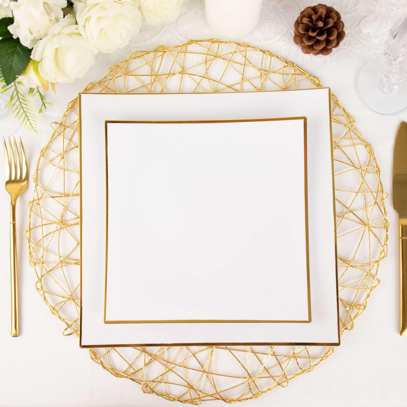 Hot Deal! 10-Pack White Concave Square Plastic Dessert Plates with Gold Rim - Ideal for Weddings & Special Events
