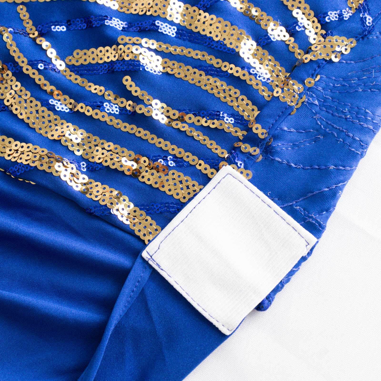 Royal Blue and Gold Spandex Banquet Chair Cover with Wave - Embroidered Glittering Sequins