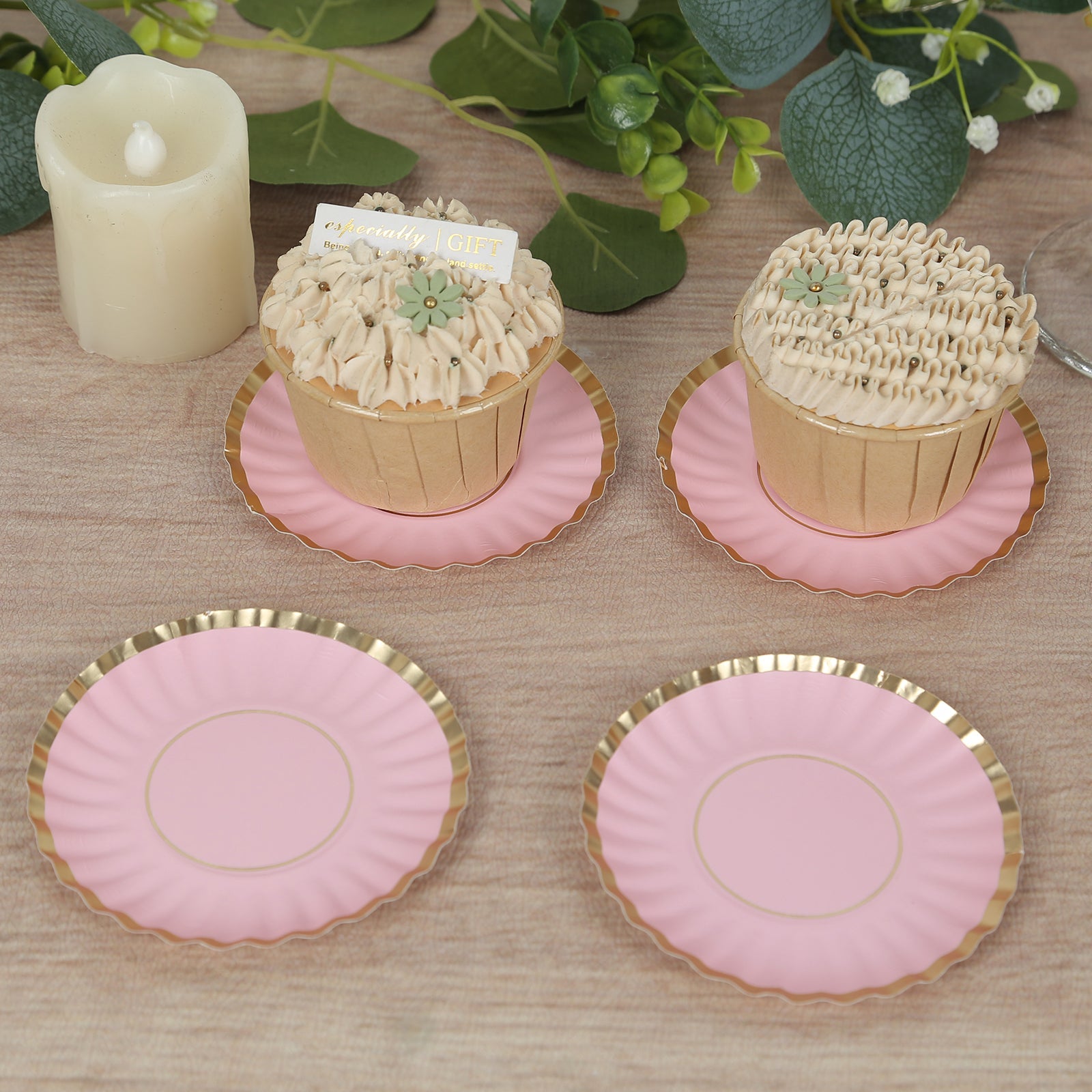 Hot Deal! 50-Pack Disposable Mini Round Blush Party Plates with Gold Scalloped Rim for Desserts