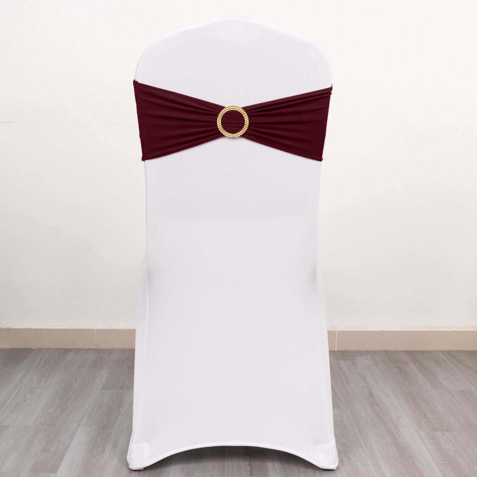 5-Pack Reusable Burgundy Spandex Chair Sashes with Gold Rhinestone Buckles - 4-Way Stretch