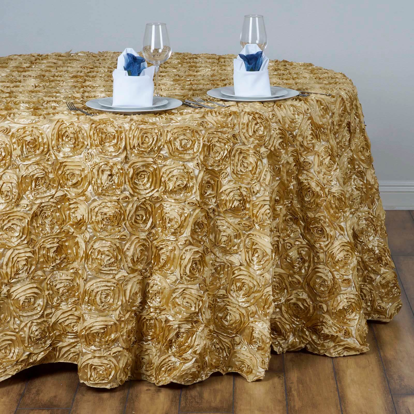 Hot Sale! Champagne Satin 132-Inch Round Tablecloth with Seamless 3D Rosette Design