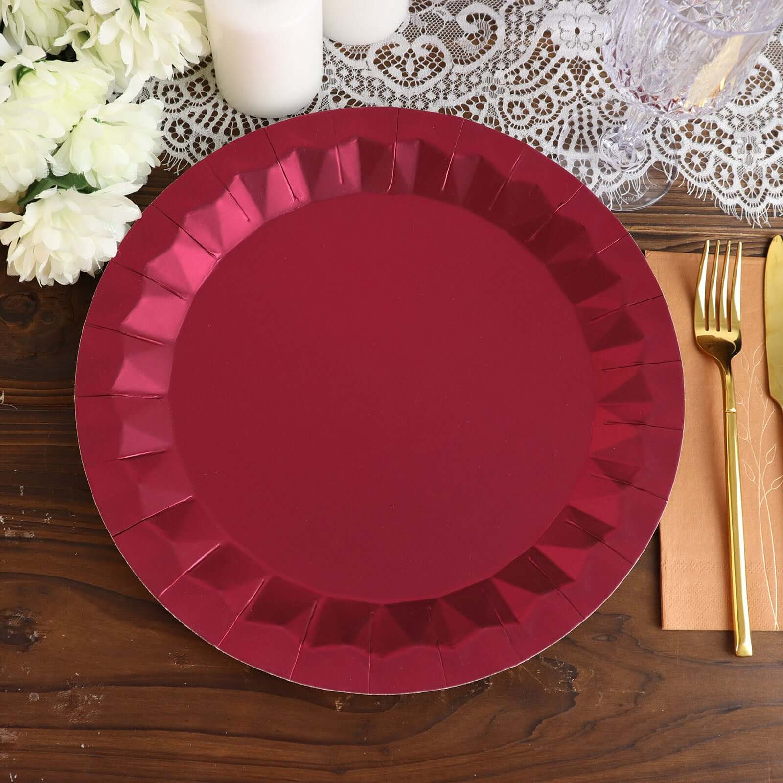 25-Pack Disposable Burgundy Paper Charger Plates with Geometric Design - 12