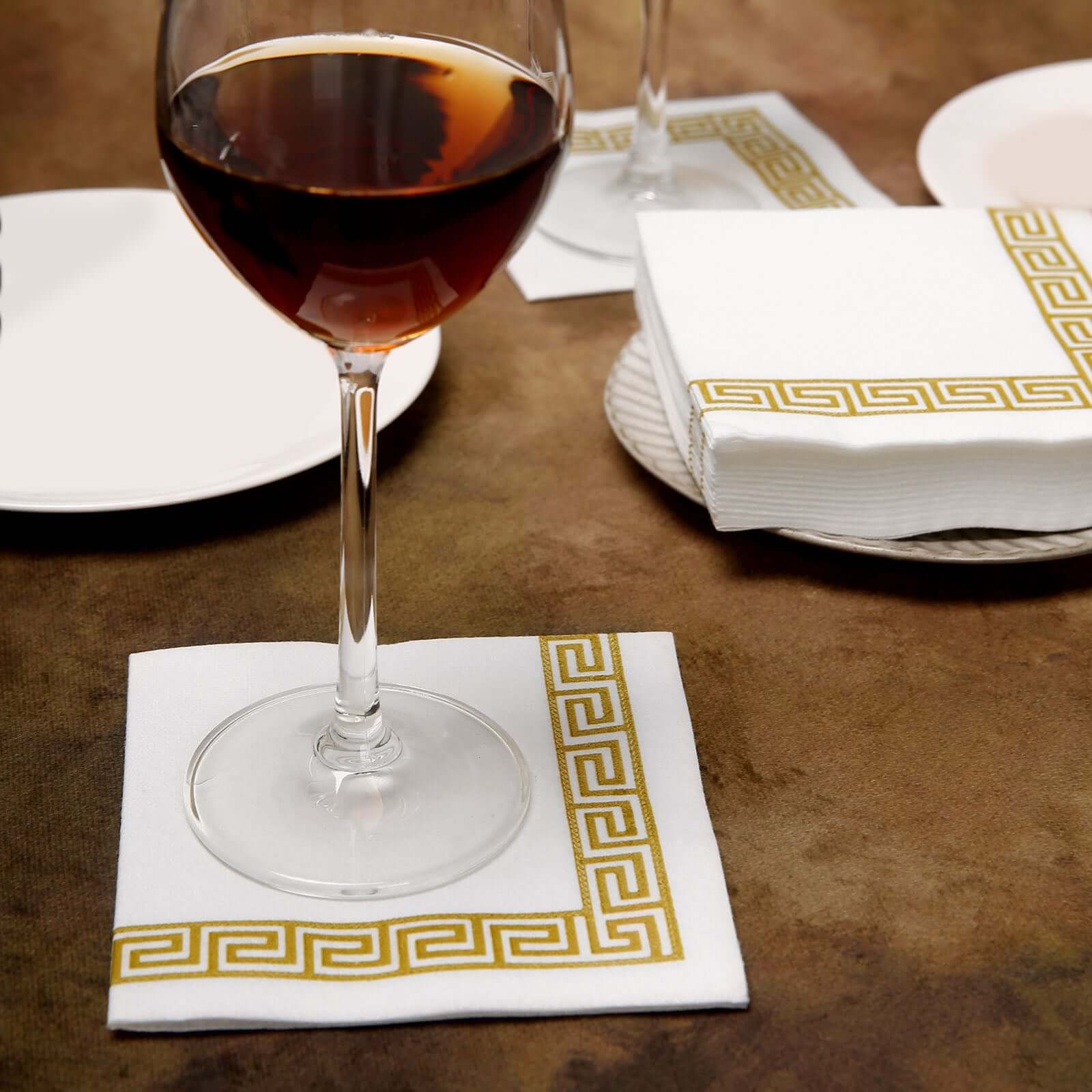 25-Piece Set of Hygienic Disposable Airlaid White Napkins with Gold Greek Key Design, 5x5 Size