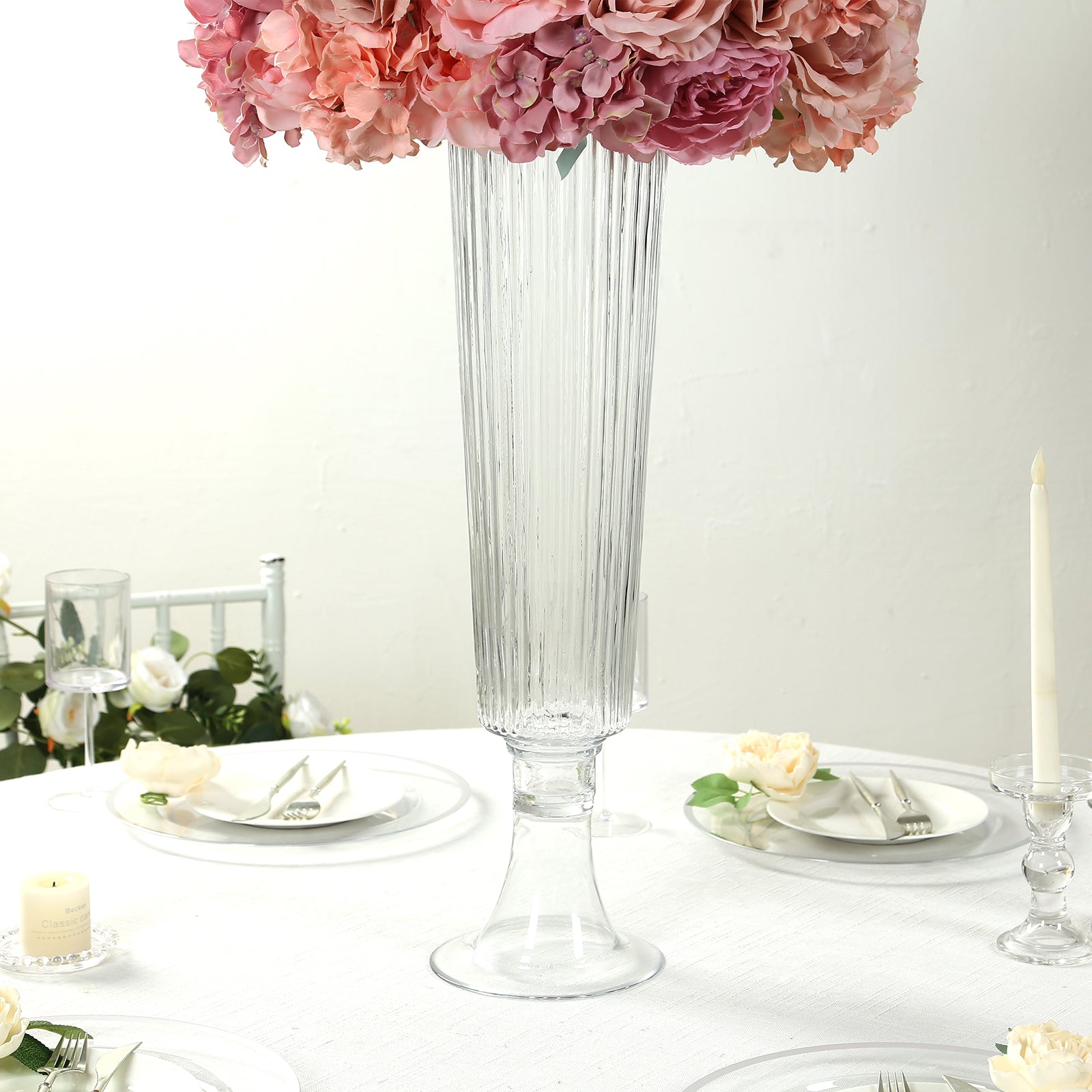 4-Pack Clear Glass Trumpet Vases with Ribbed Design - Durable 26-Inch Event Centerpieces