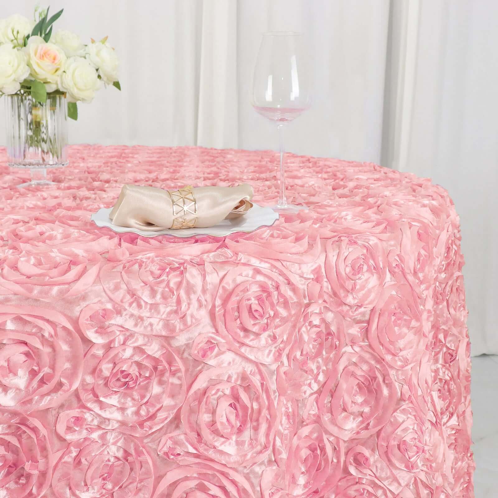 Hot Sale! 120-Inch Pink Satin Round Tablecloth with Stunning 3D Rosette and Seamless Finish