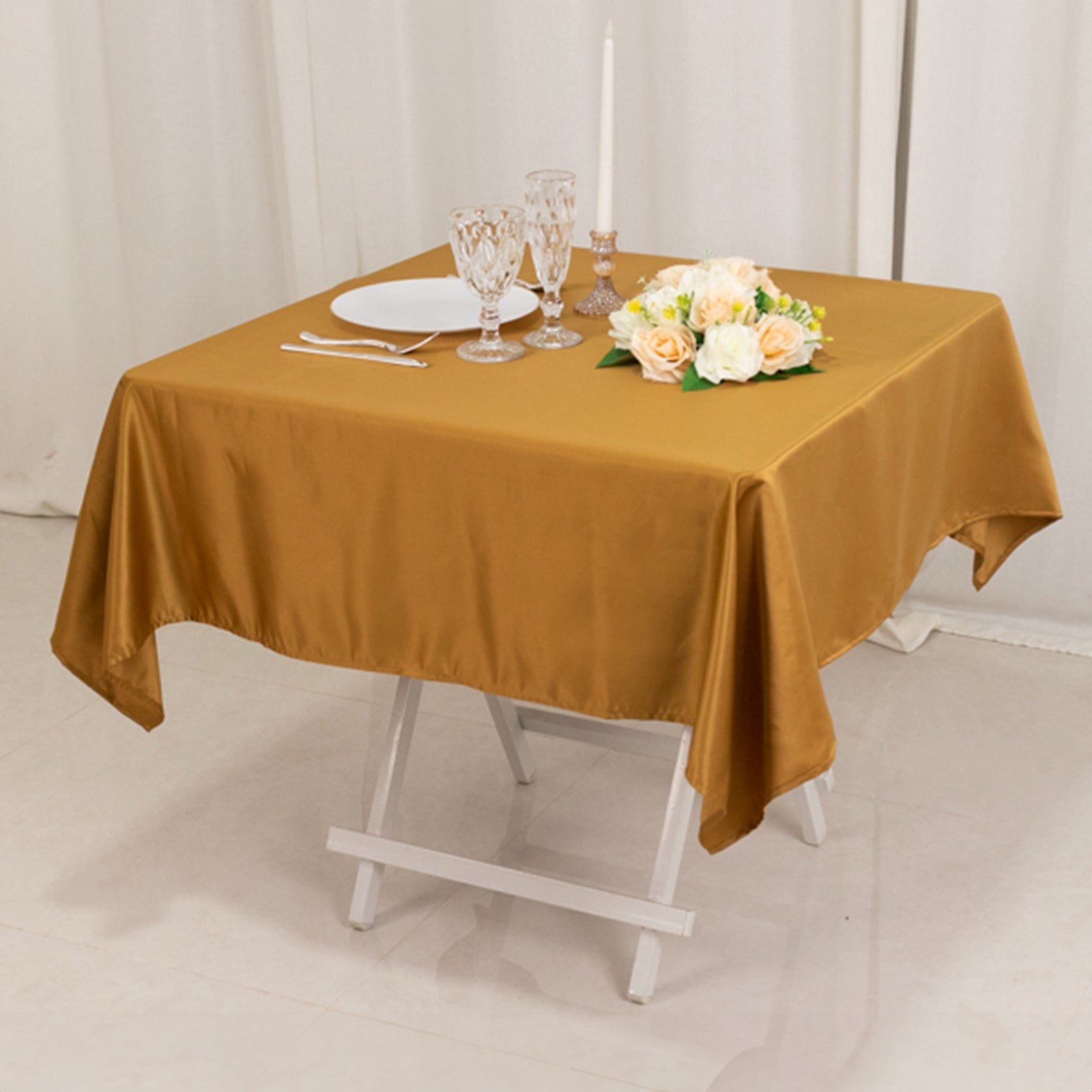 Premium Gold Lamour Satin 54x54 Square Table Overlay - Durable Silk-Like Cover for Weddings & Parties