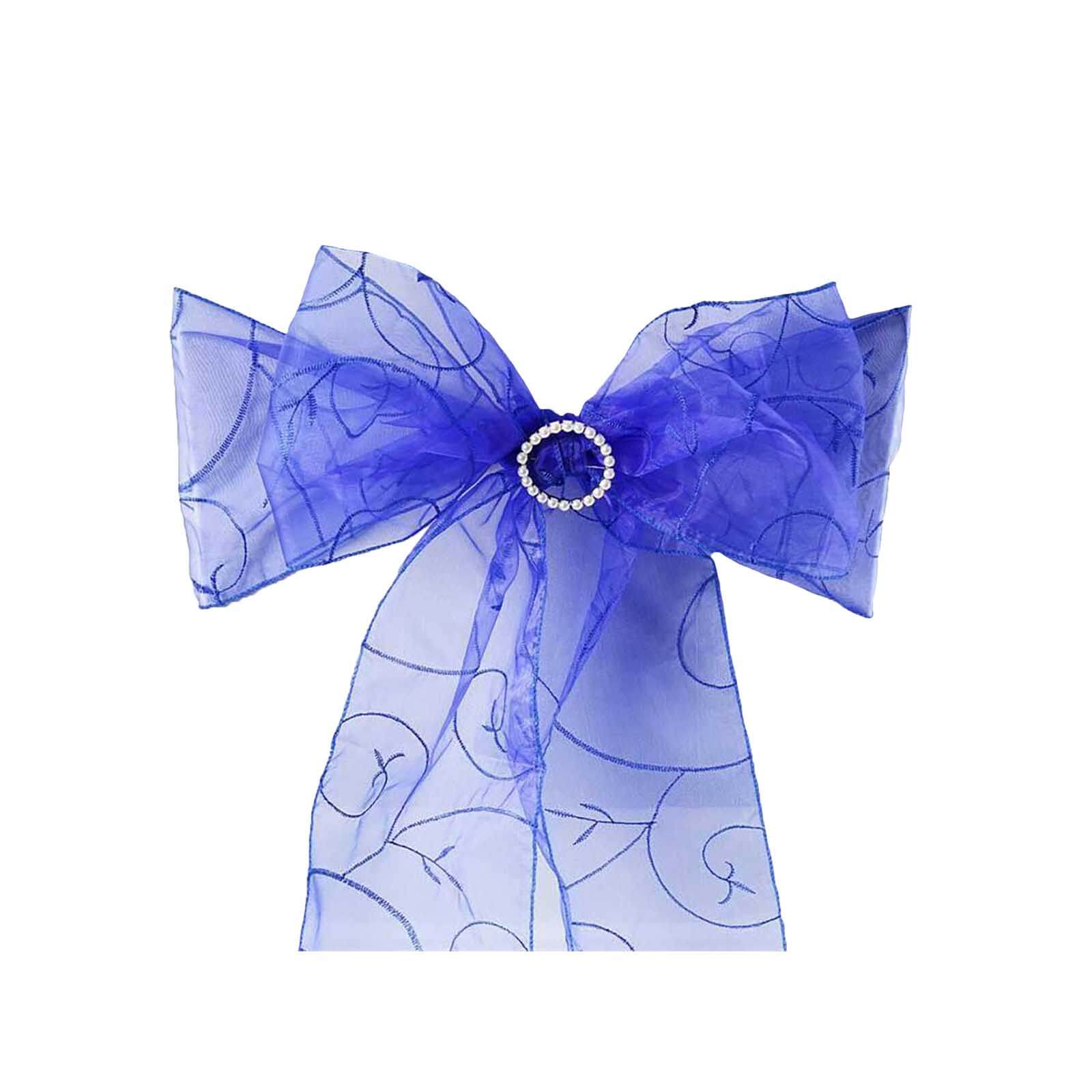 Get 5-Pack Royal Blue Organza Chair Sashes with Satin Leaf Embroidery - Reusable & Sheer 7x108