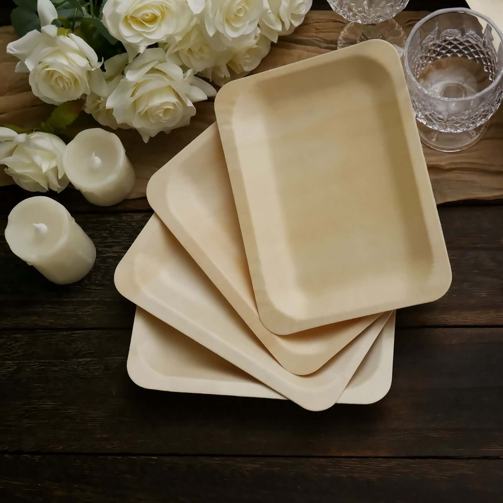 25-Pack Natural Birchwood 5x8 Rectangle Disposable Dessert Plates - Ideal for Special Events