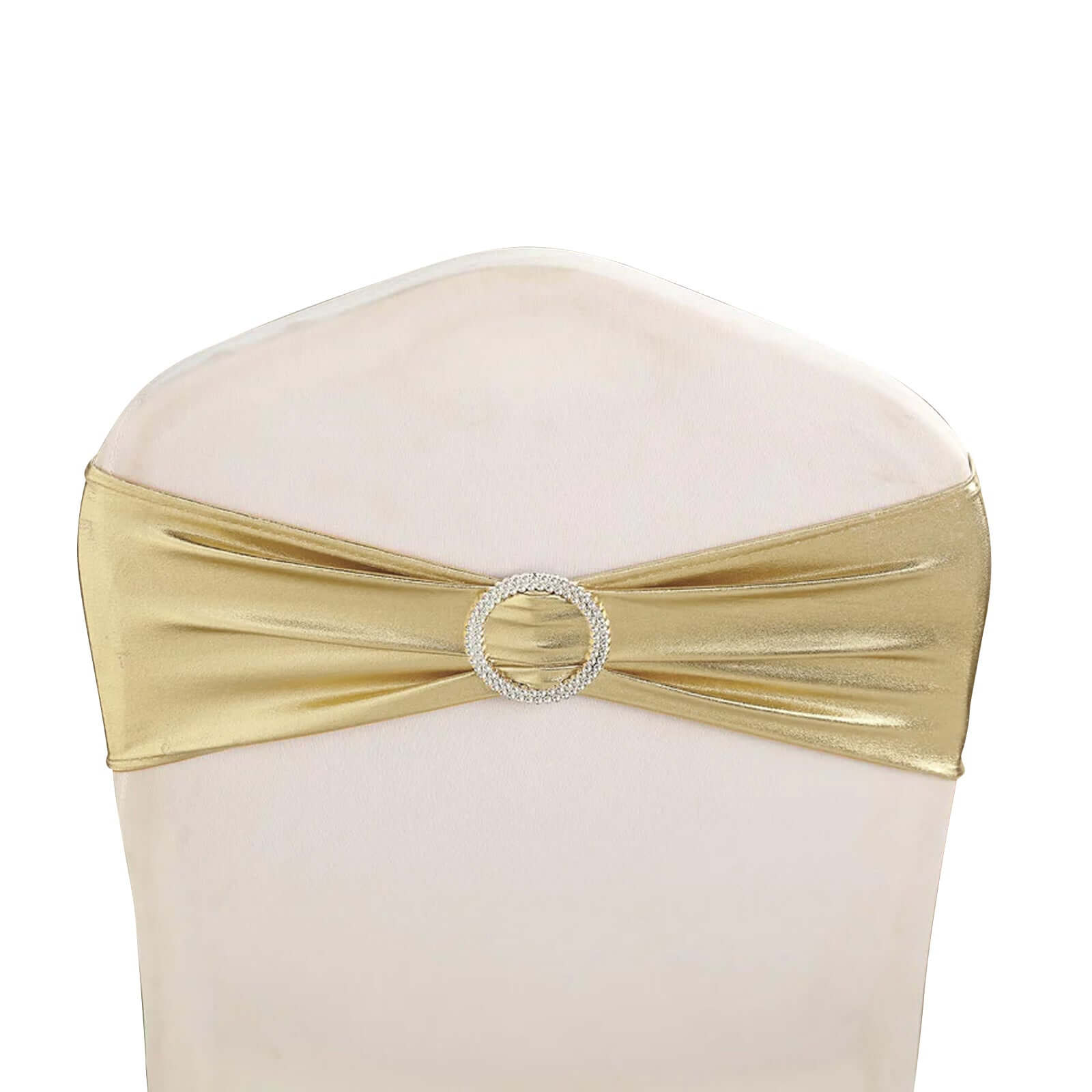 5-Pack Champagne Metallic Spandex Chair Sashes with Round Diamond Buckles - Stretch Fit!
