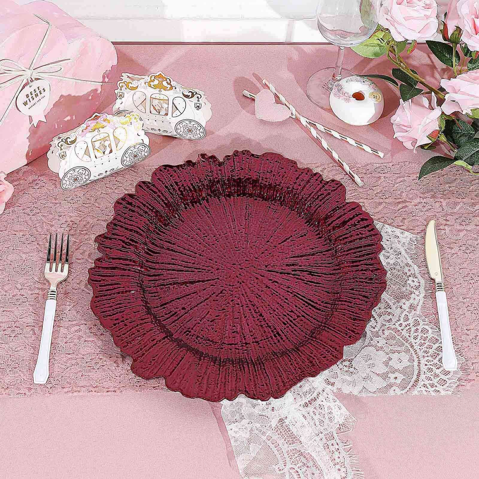6-Piece Set of 13-Inch Burgundy Acrylic Plastic Round Dinner Charger Plates with Reef Design