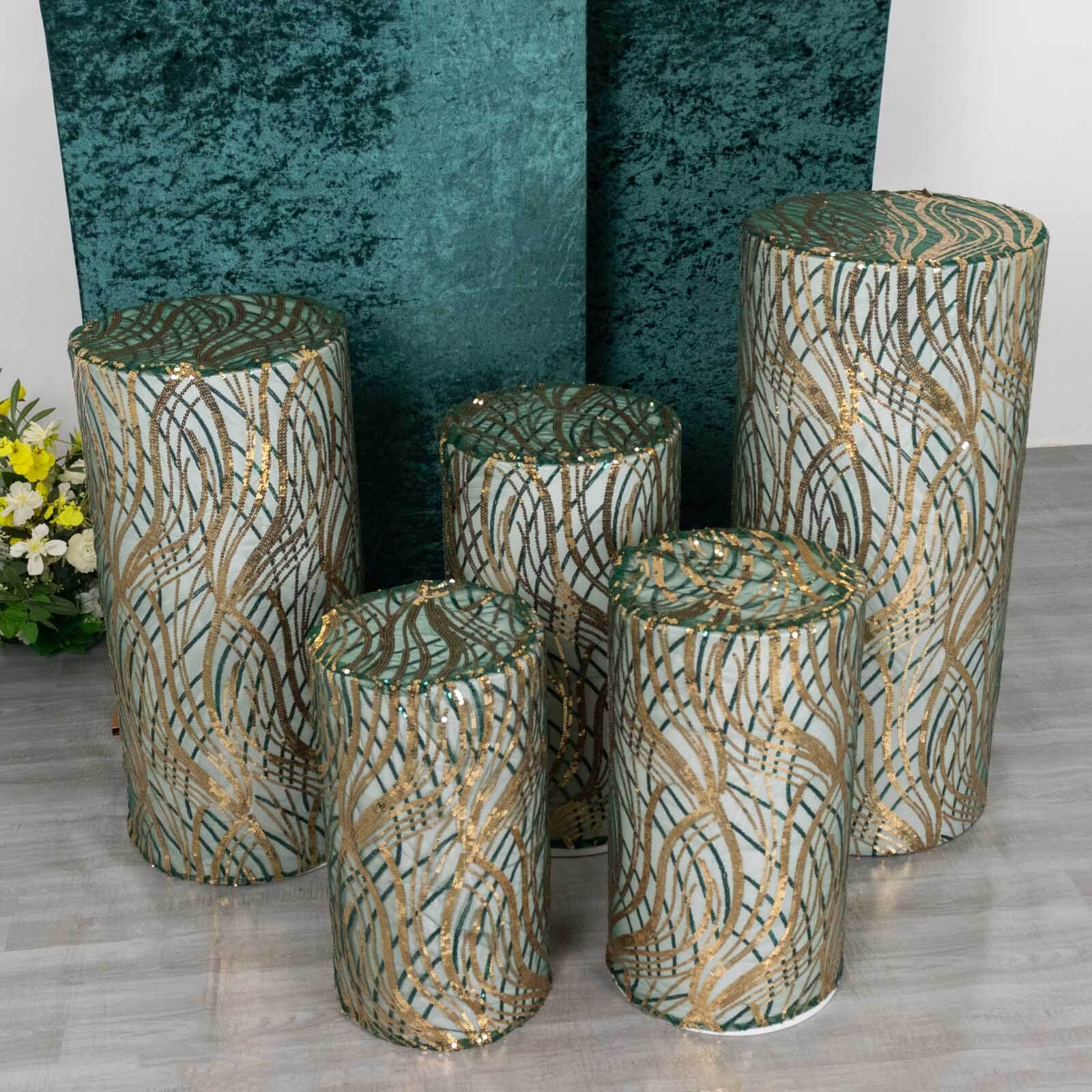 Hot Deal! Set of 5 Emerald Green Wave Sequin Mesh Cylinder Pedestal Stand Covers
