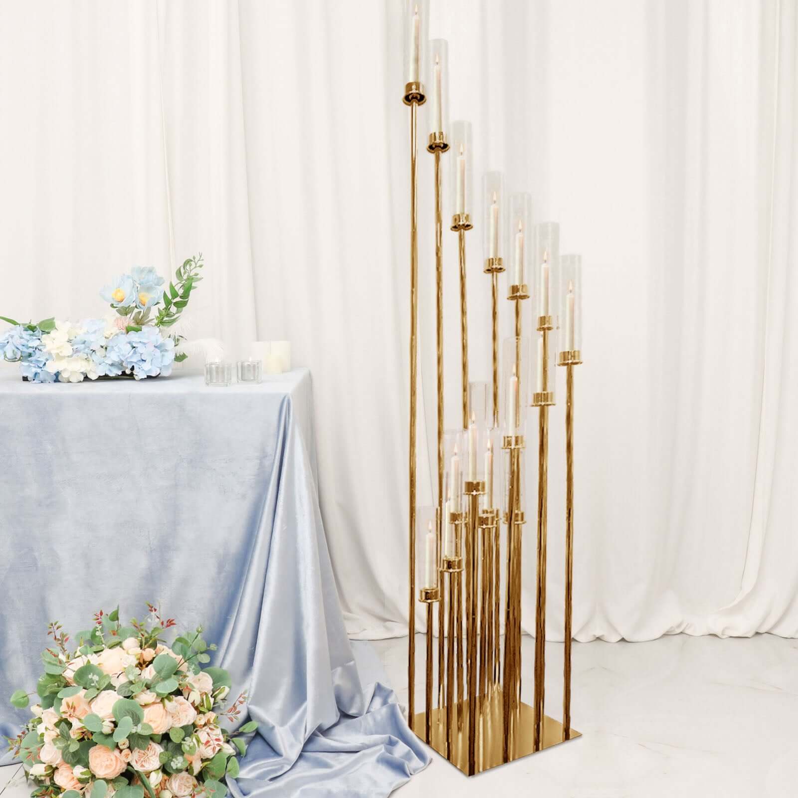 Gold 16-Arm Cluster Taper Candle Holder with Clear Glass Shades - Ideal Large Candle Display for Venues