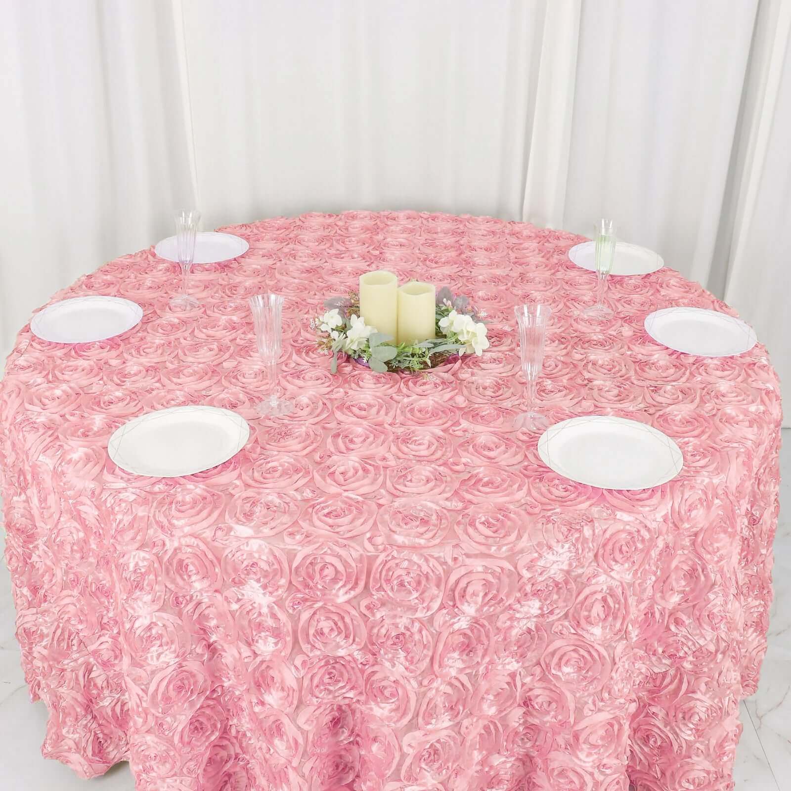 Hot Sale! 120-Inch Pink Satin Round Tablecloth with Stunning 3D Rosette and Seamless Finish