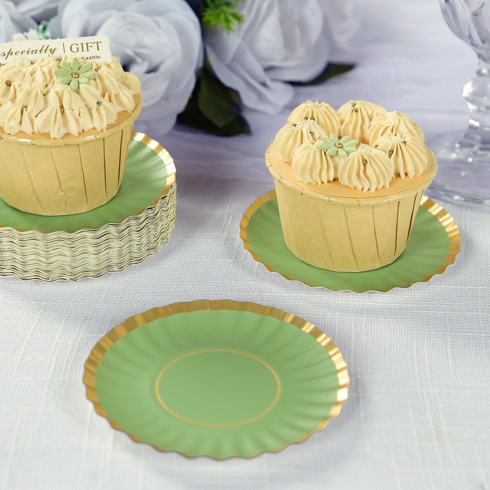 50-Piece Disposable 250GSM Mini Round Dessert Plates in Dusty Sage Green with Gold Scalloped Edge