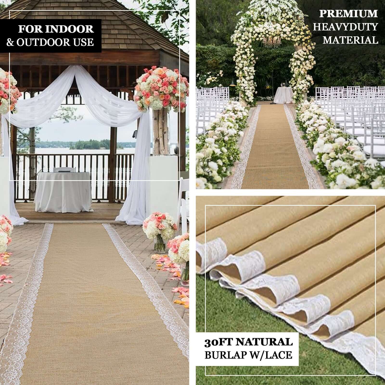 Get This Stunning 30ft Natural Jute Burlap Aisle Runner with Elegant White Floral Lace Borders