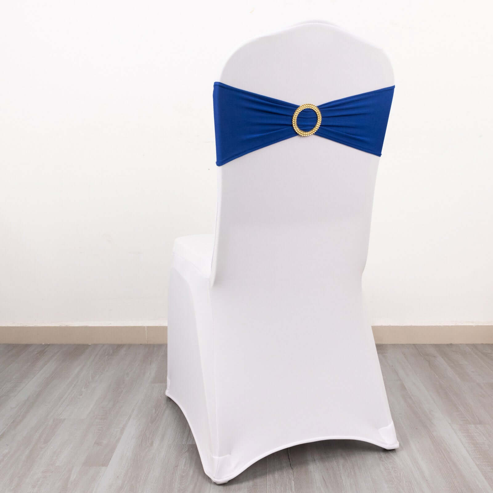 Royal Blue Spandex Chair Sashes with Gold Rhinestone Buckles - 5 Pack, Reusable & Four-Way Stretch