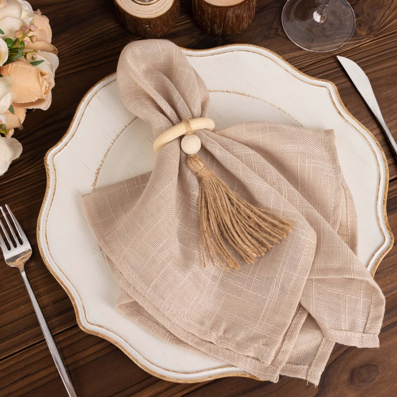4-Pack Cream Wooden Napkin Rings with Jute Tassels - Rustic Boho Style