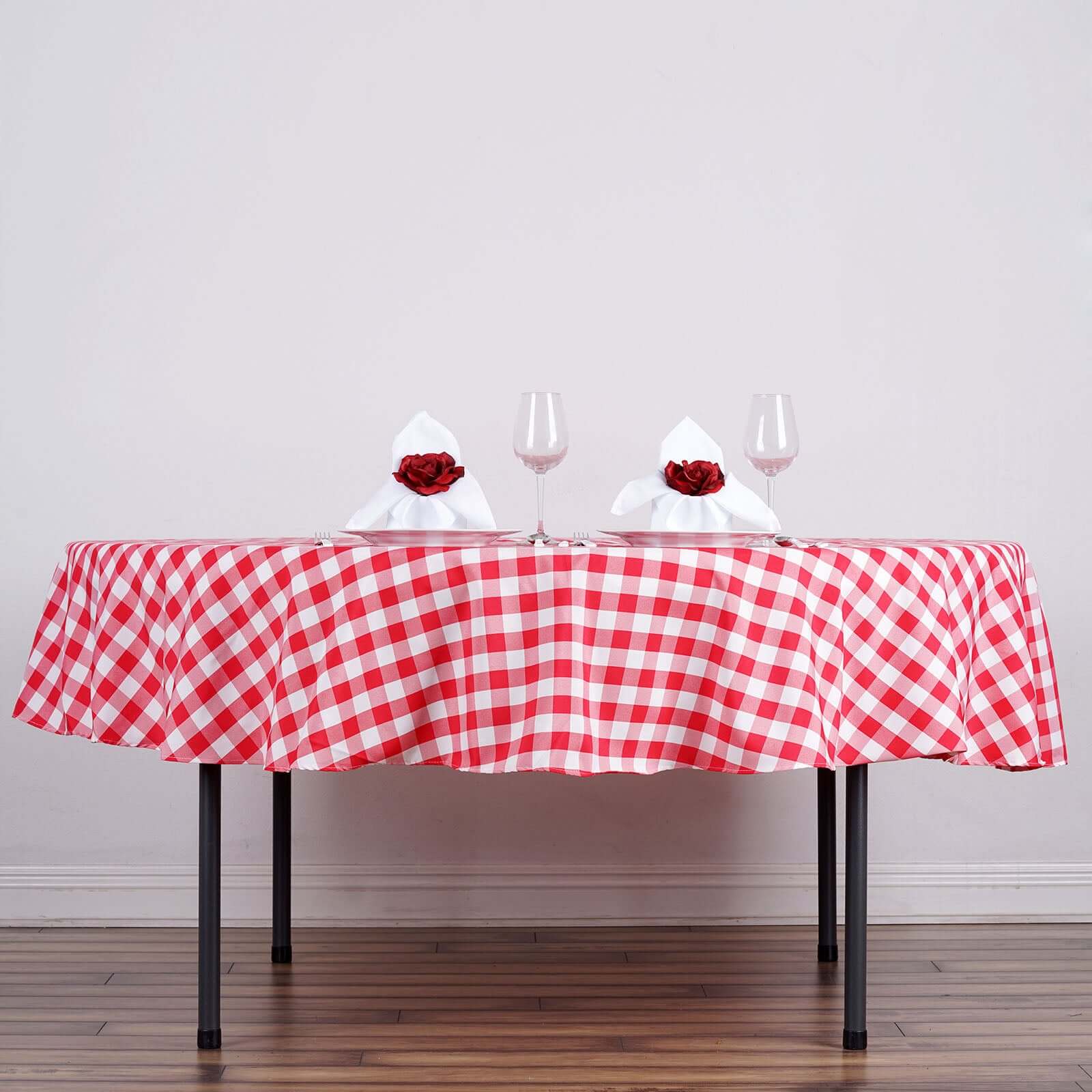 Get This 70-Inch Polyester Round Tablecloth in White/Red Buffalo Plaid for Your Events