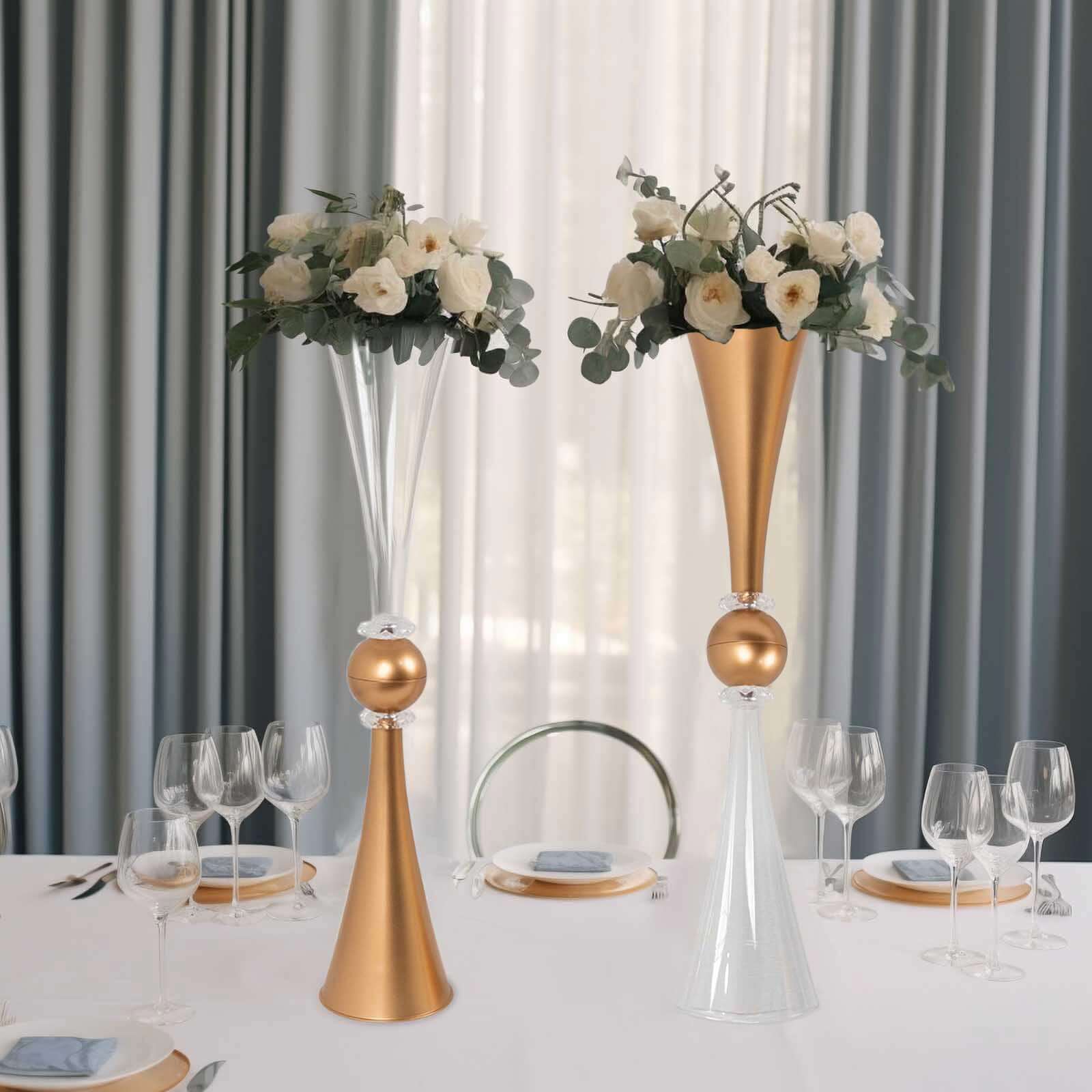 Hot Deal! 2-Pack Reversible Plastic Trumpet Flower Vases with Crystal Embellishments in Clear and Gold for Events
