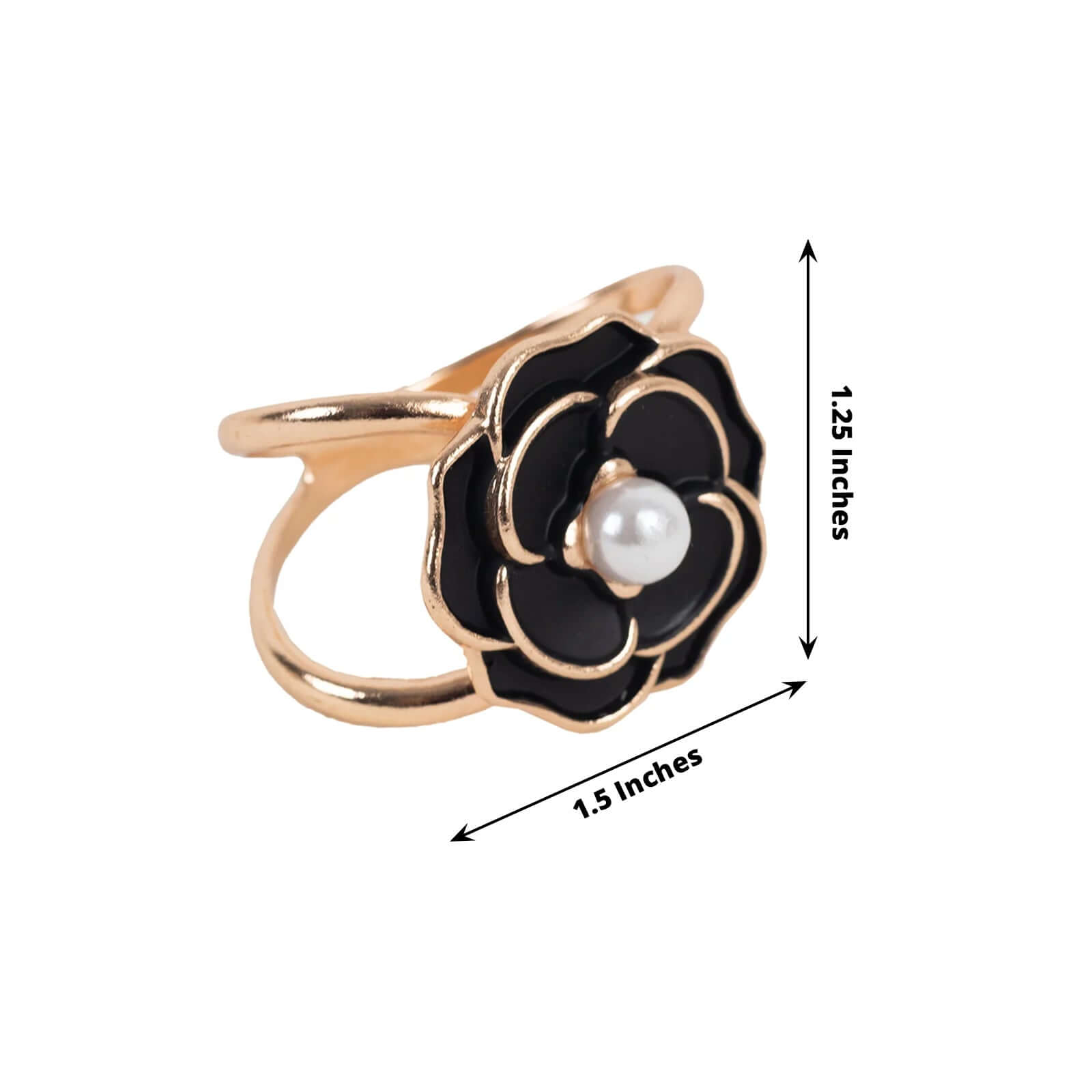 Get 10-Pack Black 3D Rose Shaped Metal Chair Sash Pin Buckles - Stylish Pearl Floral Napkin Rings with Gold Rim