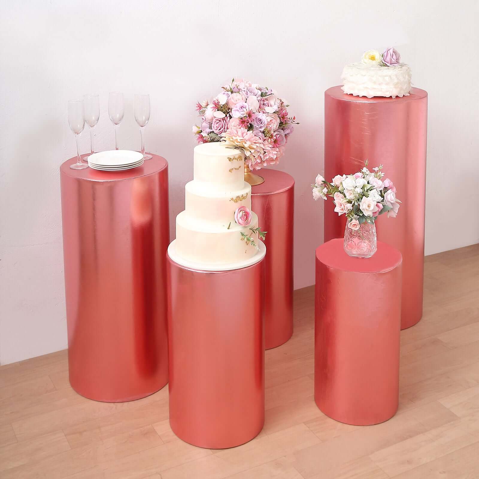 Hot Deal! Set of 5 Rose Gold Metallic Spandex Stretchable Pedestal Stand Covers - 130 GSM
