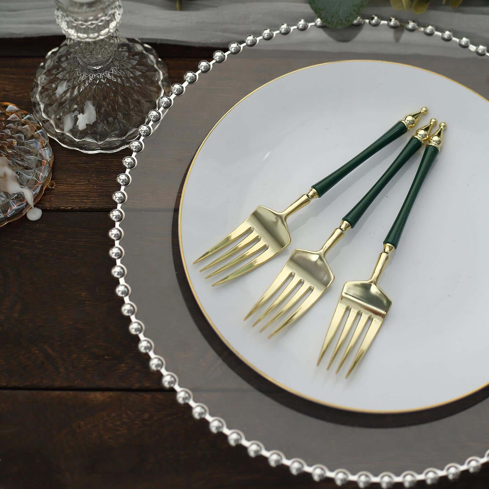 24-Pack 6" Gold & Hunter Emerald Green Plastic Dessert Forks with Roman Column Handles - European Style Disposable Utensils