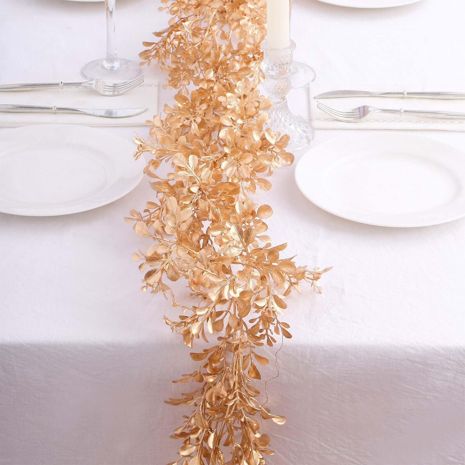 Hot Sale! 6ft Metallic Gold Artificial Boxwood Leaf Table Garland for Modern Event Decor