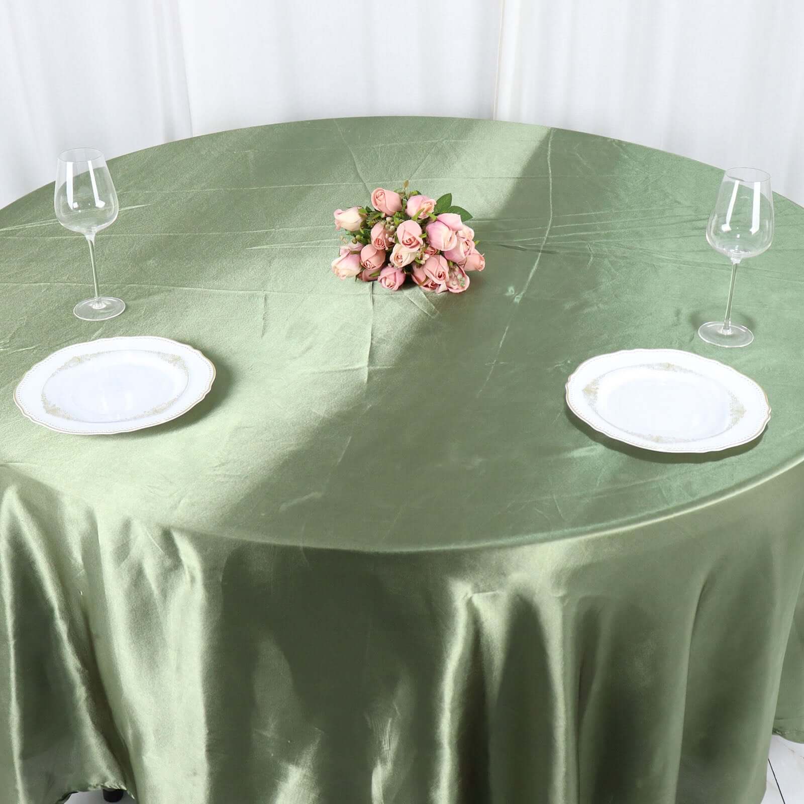Lustrous Dusty Sage Green Satin Round Tablecloth, 108-Inch Diameter