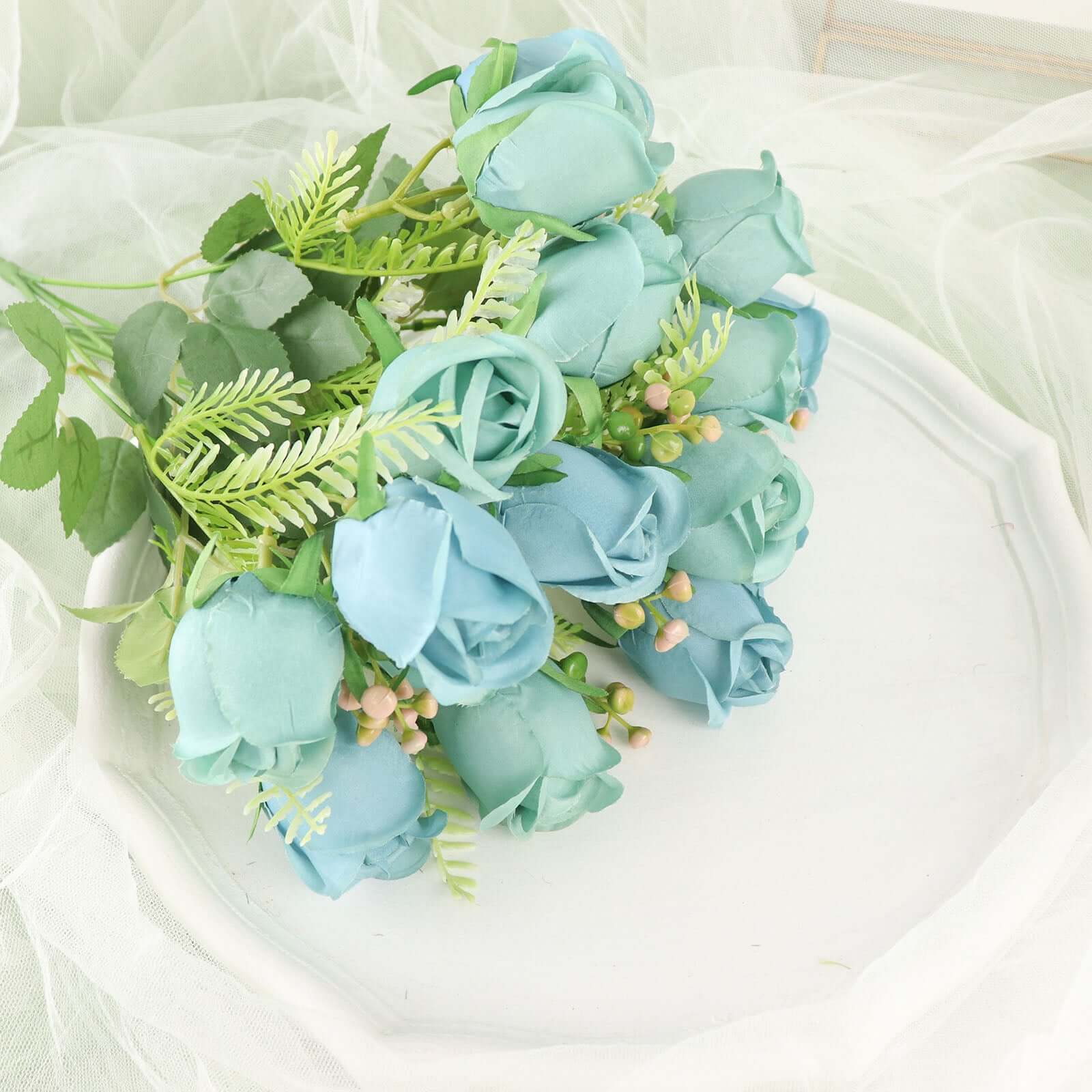 Hot Deal! 3-Pack 13" Dusty Blue Real Touch Silk Rose Bud Bridal Bouquets