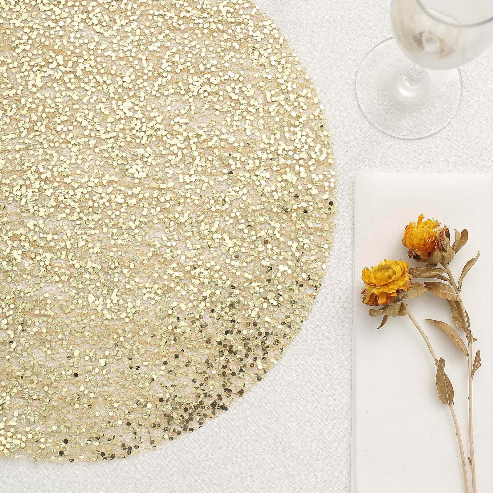10-Piece Set of Disposable, Dust-Free Metallic Gold Sequin Round Table Placemats, 13 Inches