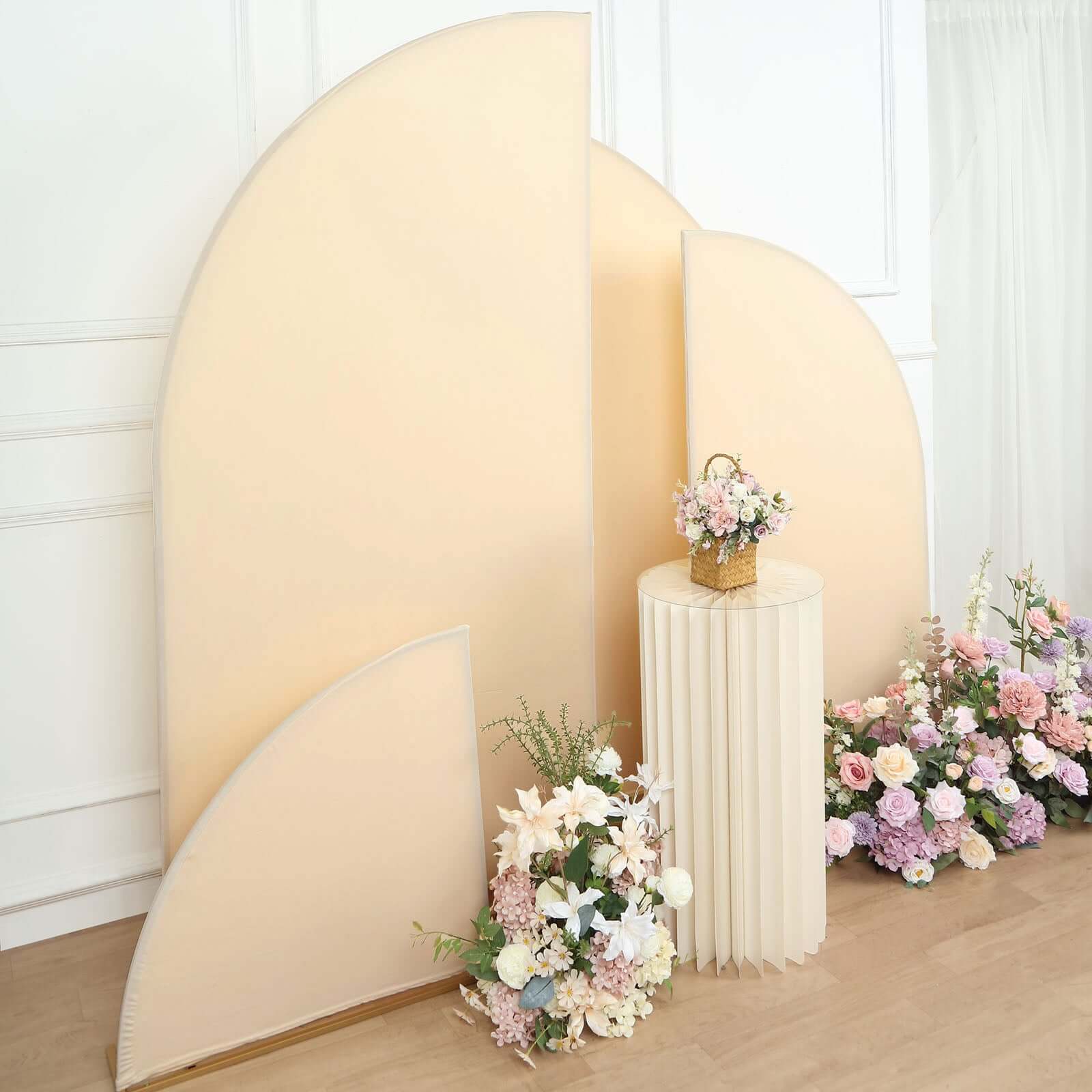 Custom-Fitted Set of 4 Matte Beige Spandex Half Moon Wedding Arch Backdrop Covers in 2.5ft, 5ft, 6ft, 7ft Sizes