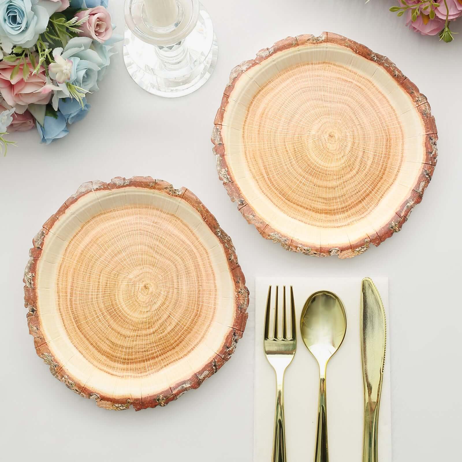 25-Pack Disposable 7-Inch Round Paper Dessert Plates with Natural Wood Slice Print for Rustic Farmhouse Events