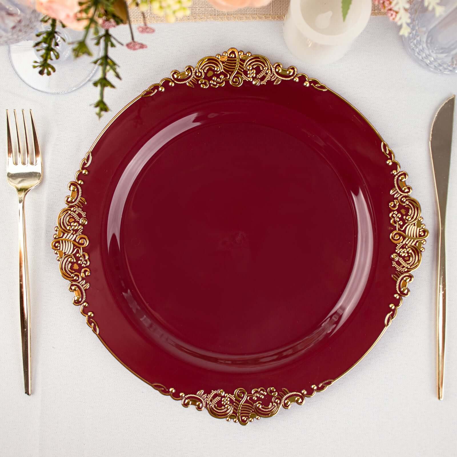 Hot Deal! 10-Pack Disposable Burgundy Plastic Round Dinner Plates with Gold Leaf Embossed Rim, Vintage Baroque Style