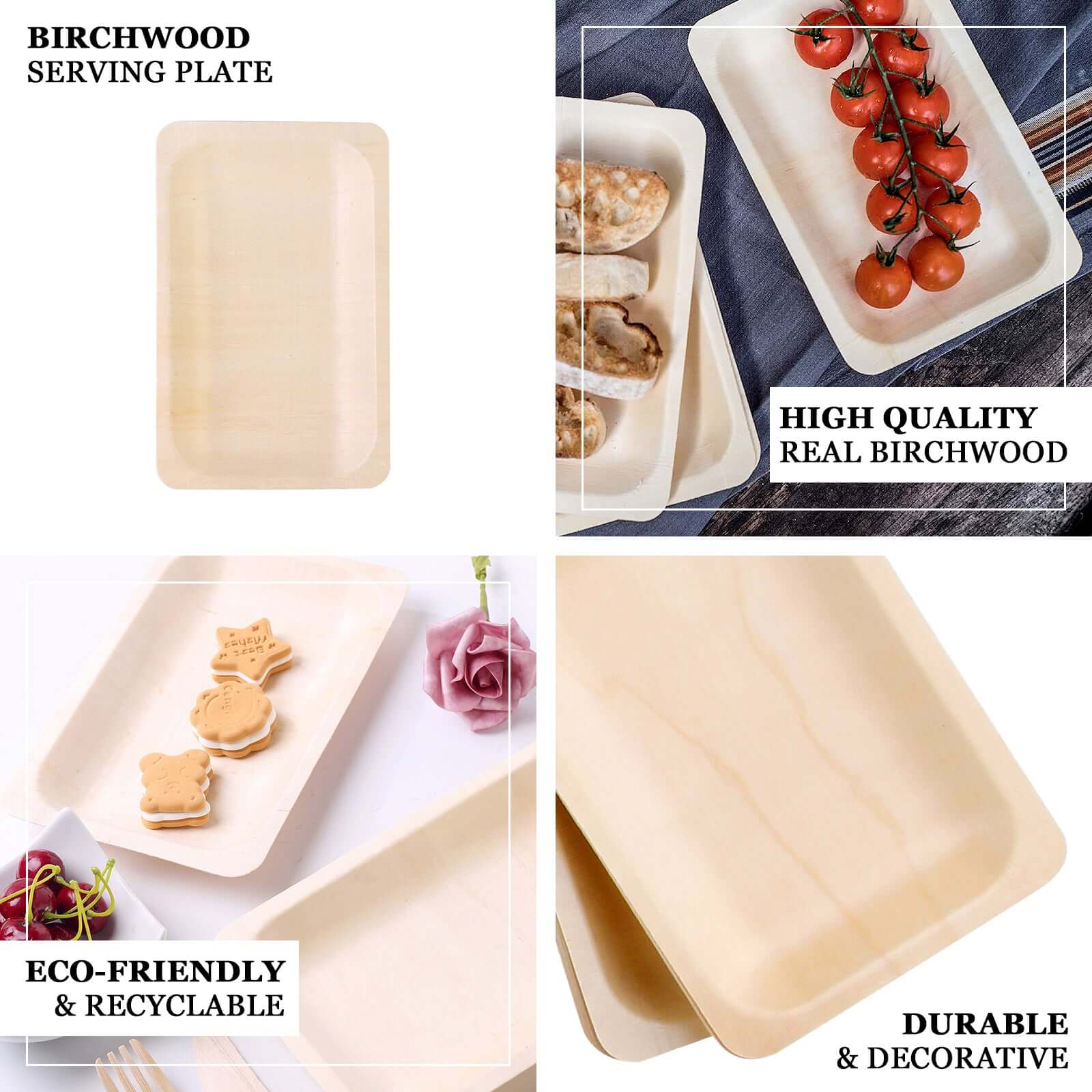 25-Pack Natural Birchwood 5x8 Rectangle Disposable Dessert Plates - Ideal for Special Events