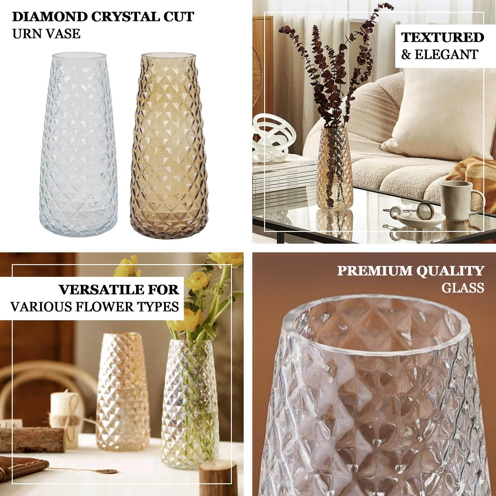 6-Pack Clear Glass Urn Vases with Diamond Cut Pattern - Ideal for Event Decor, 8.5 Inches