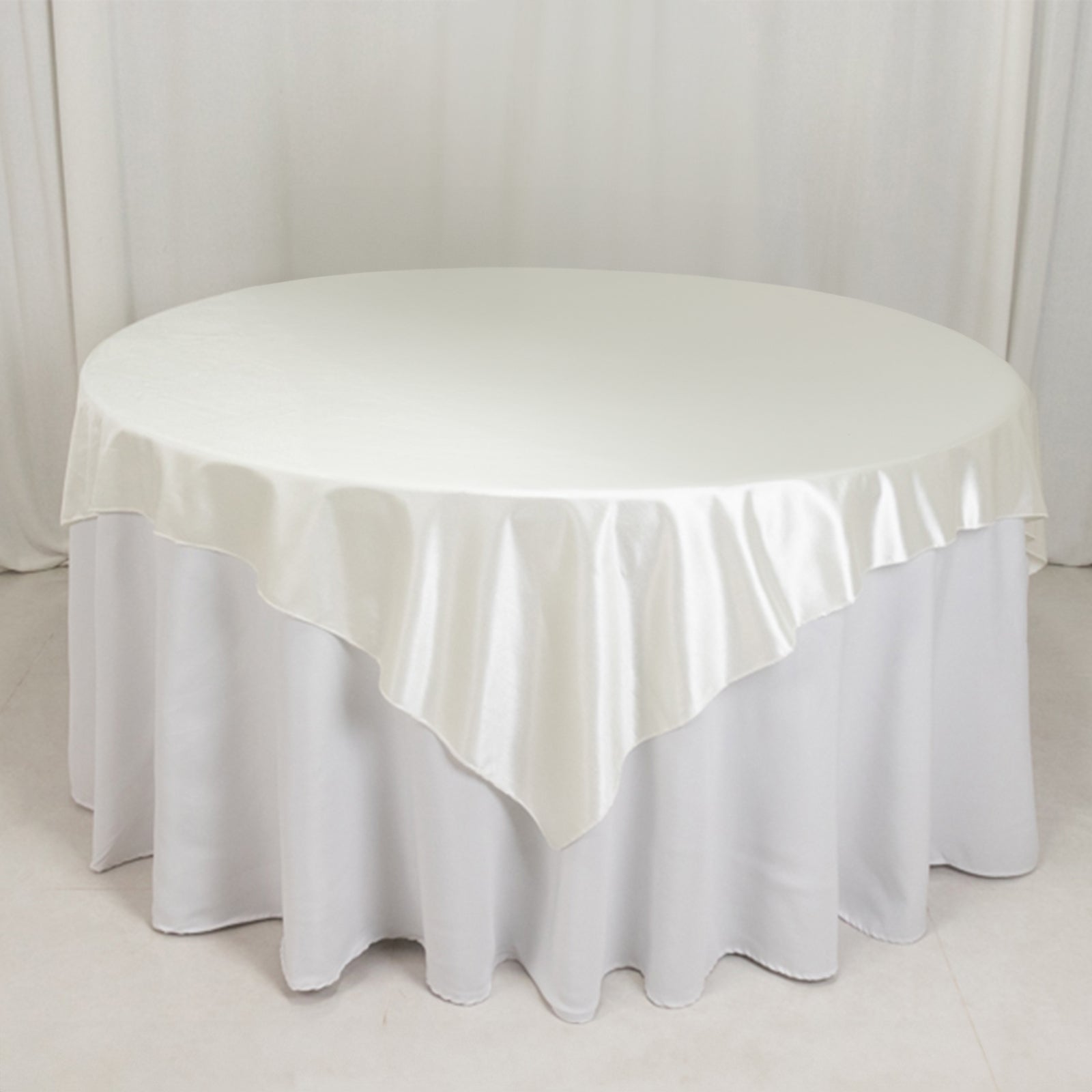 Wrinkle-Free & Stain-Resistant Shimmer Pearl White 70x70 Premium Scuba Square Table Overlay for Weddings and Parties