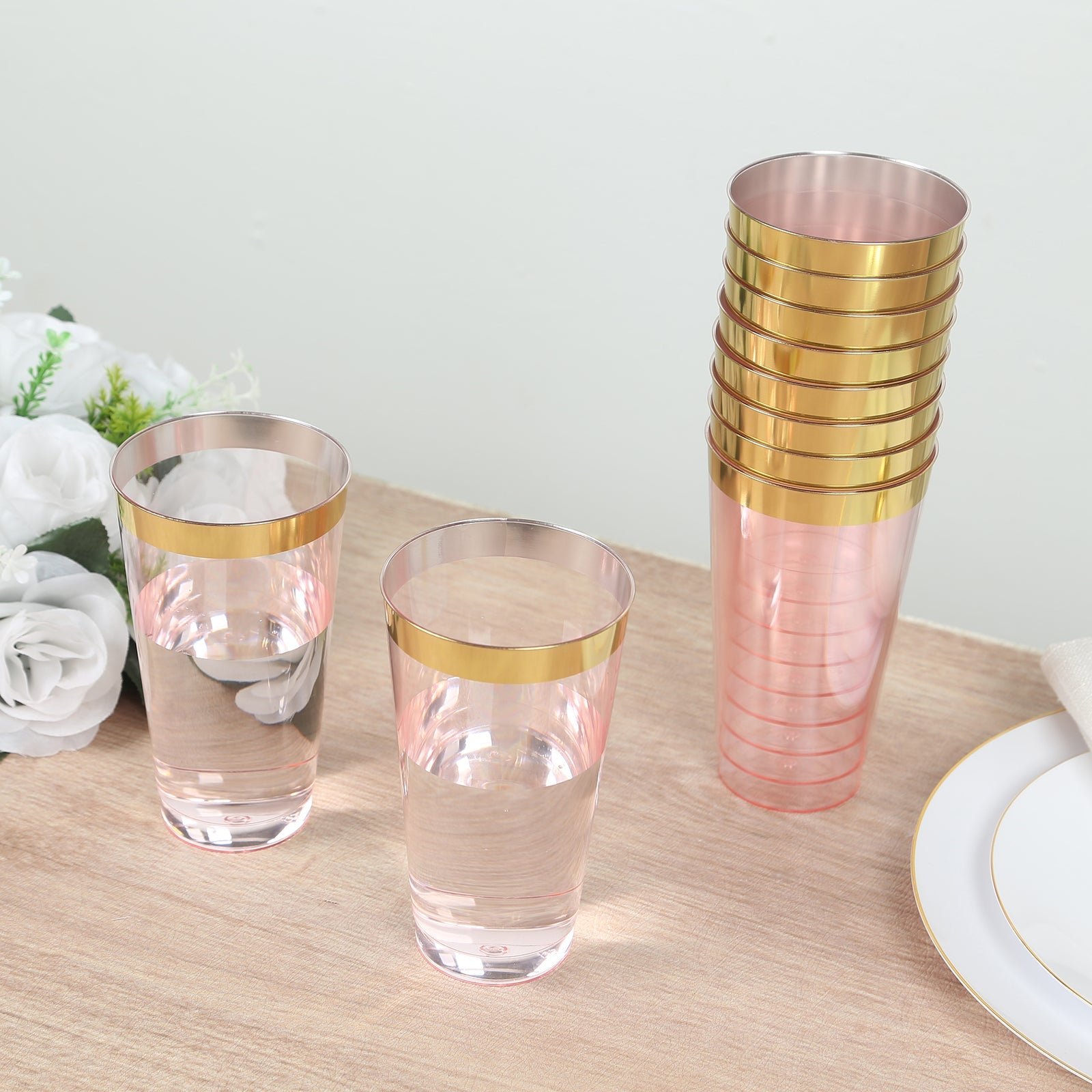 Hot Deal! 12-Pack 17oz Durable Disposable Plastic Party Cups with Transparent Blush and Gold Rim