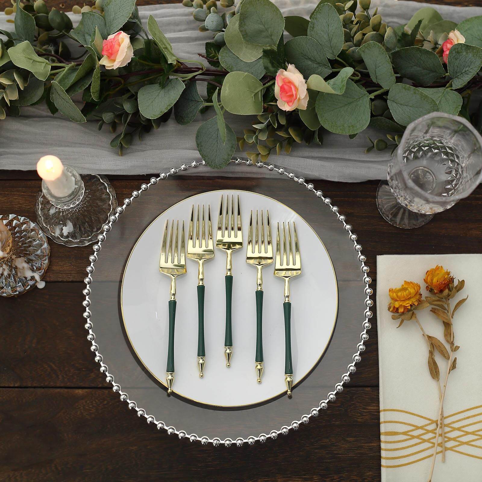 24-Pack 6" Gold & Hunter Emerald Green Plastic Dessert Forks with Roman Column Handles - European Style Disposable Utensils