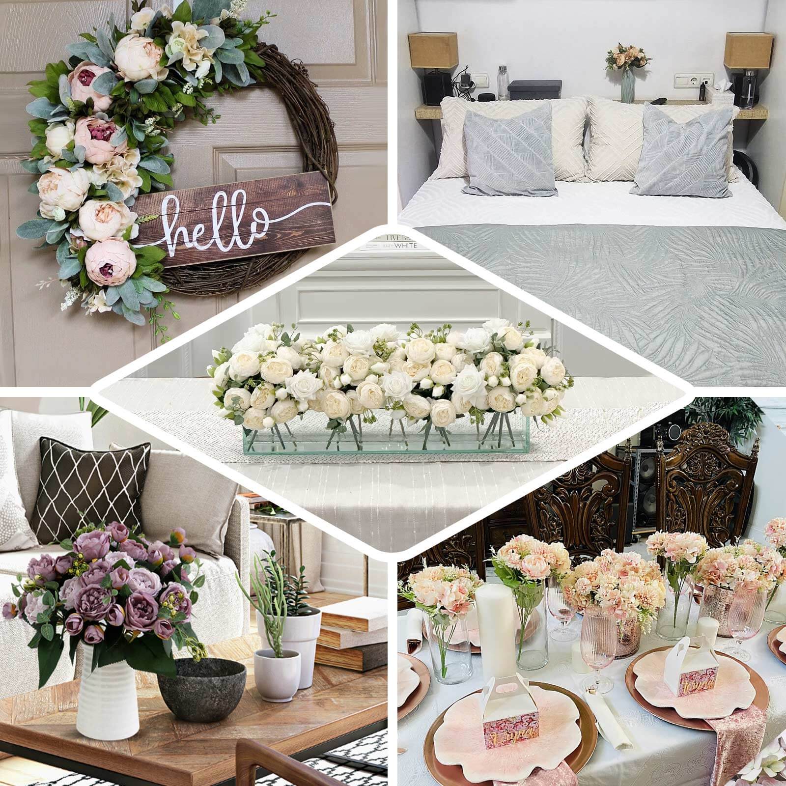 Hot Sale! 2 Pack of Ivory Silk Artificial Rose & Peony Floral Arrangements for Weddings and Home Decor