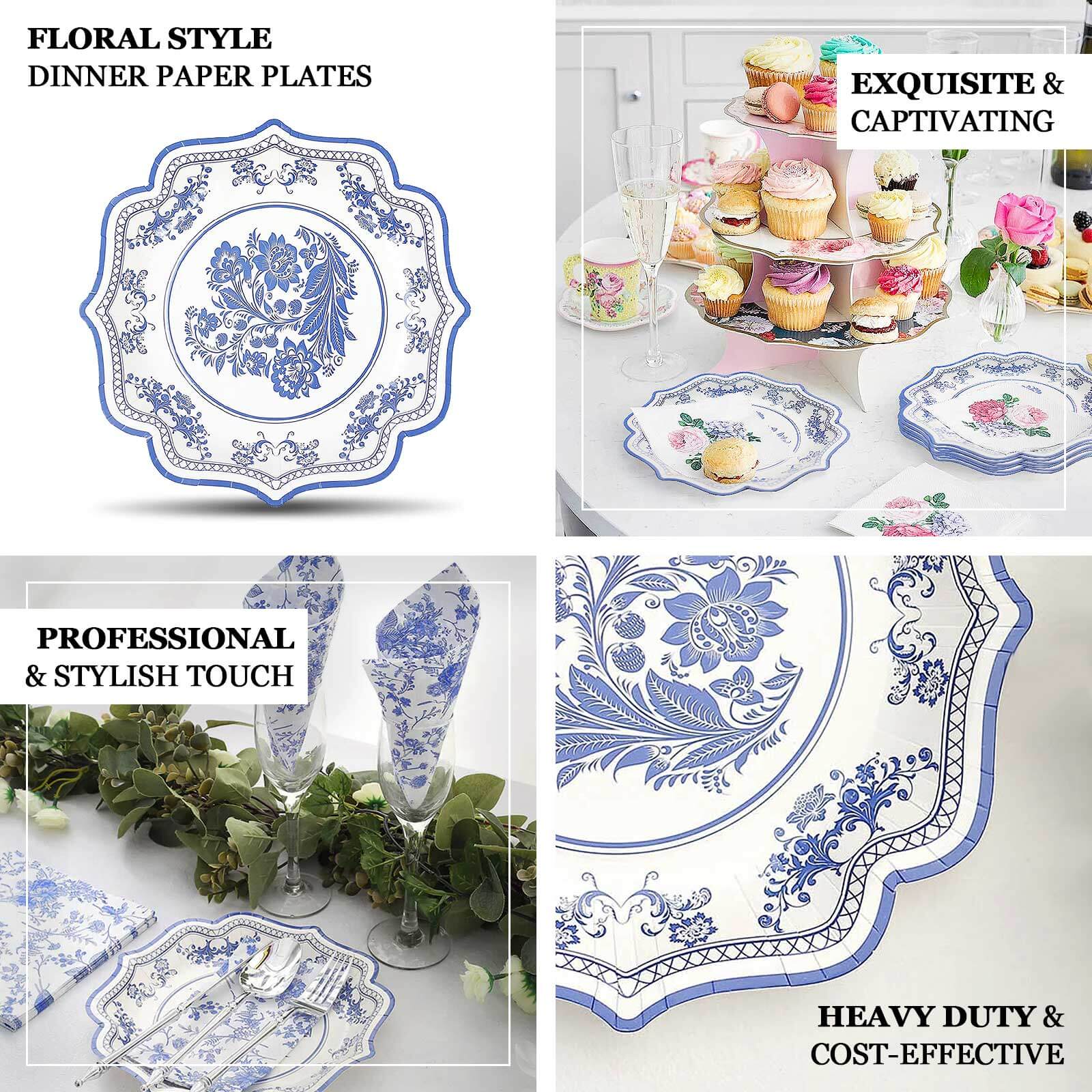 25-Pack Disposable White Paper Salad Plates with Light Blue Damask Floral Print and Scallop Rim